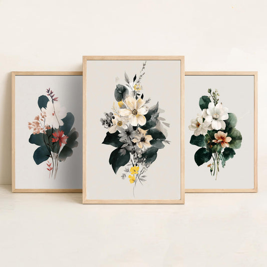 Vintage Floral Poster Set of Three Art Prints | Magnolia Camellia Bouquet Watercolour V14