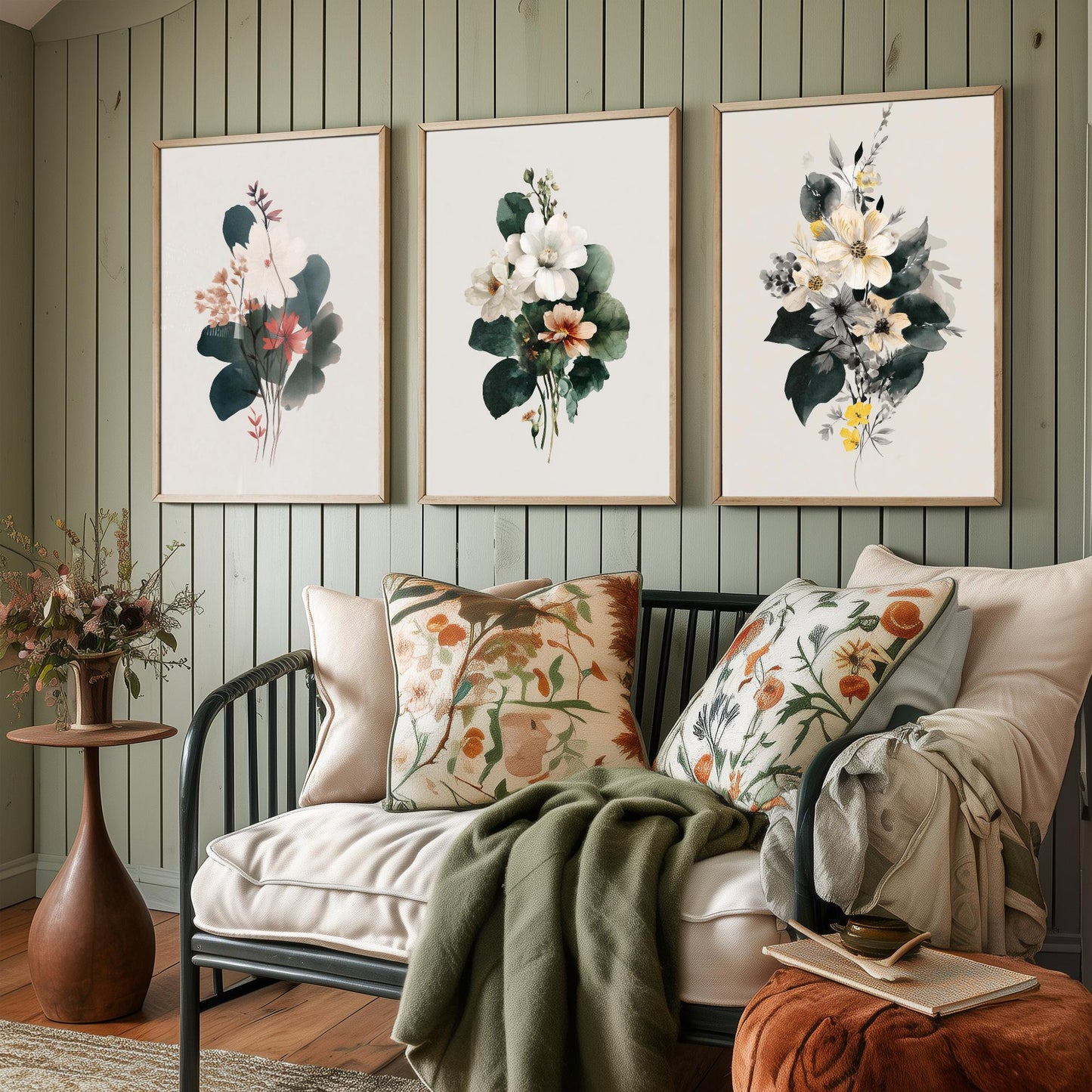 Vintage Floral Poster Set of Three Art Prints | Magnolia Camellia Bouquet Watercolour V14