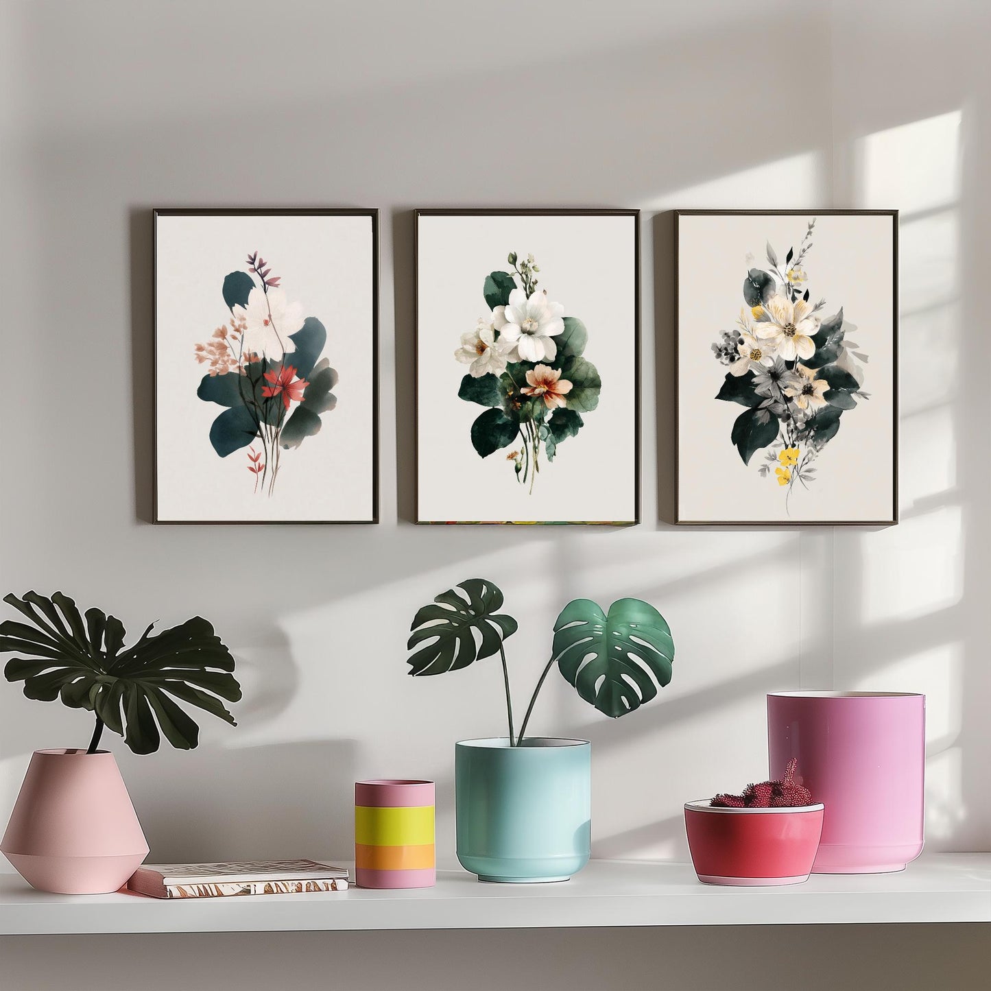 Vintage Floral Poster Set of Three Art Prints | Magnolia Camellia Bouquet Watercolour V14