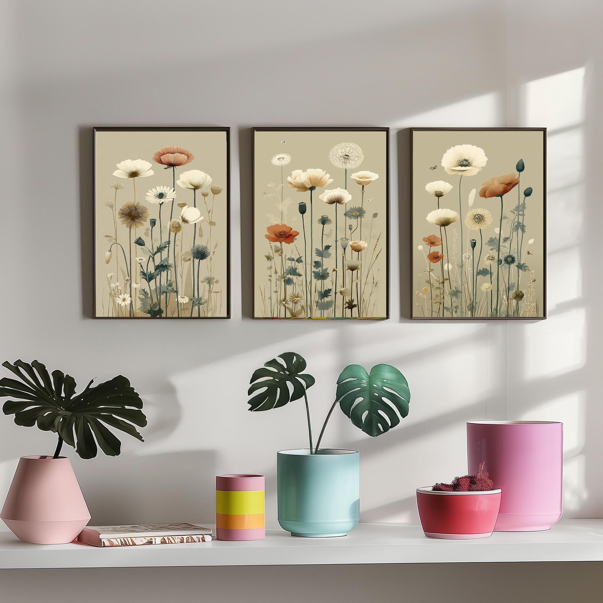 Vintage Wildflower Poster Set of Three Art Prints | Poppy Daisy Meadow Illustration V15