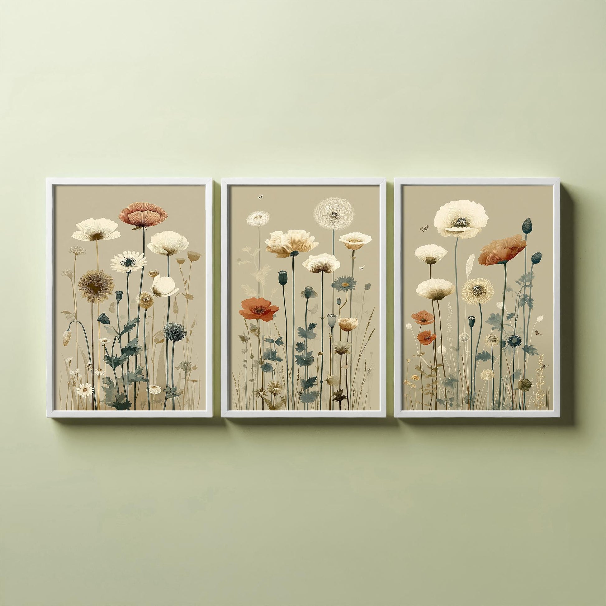 Vintage Wildflower Poster Set of Three Art Prints | Poppy Daisy Meadow Illustration V15
