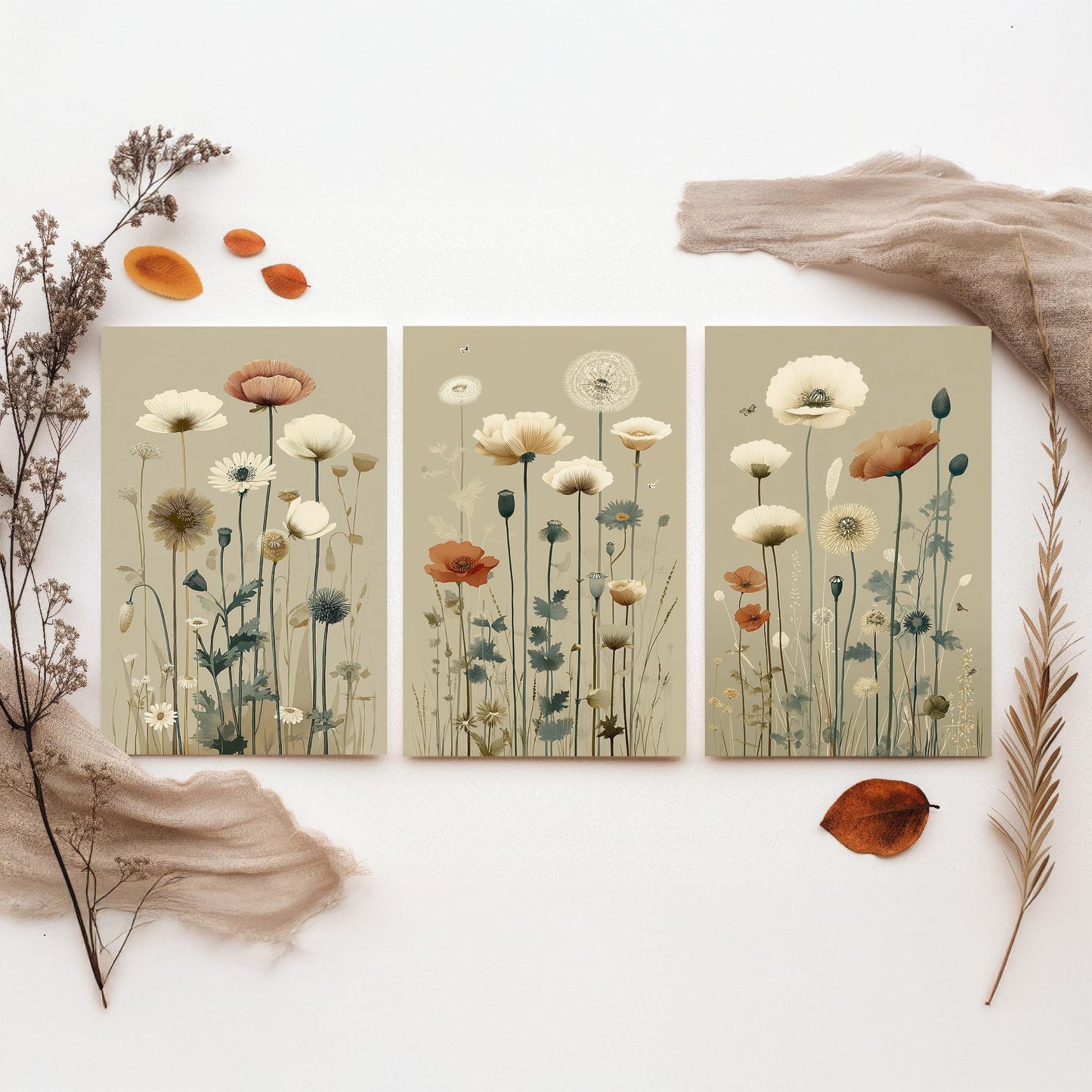 Vintage Wildflower Poster Set of Three Art Prints | Poppy Daisy Meadow Illustration V15