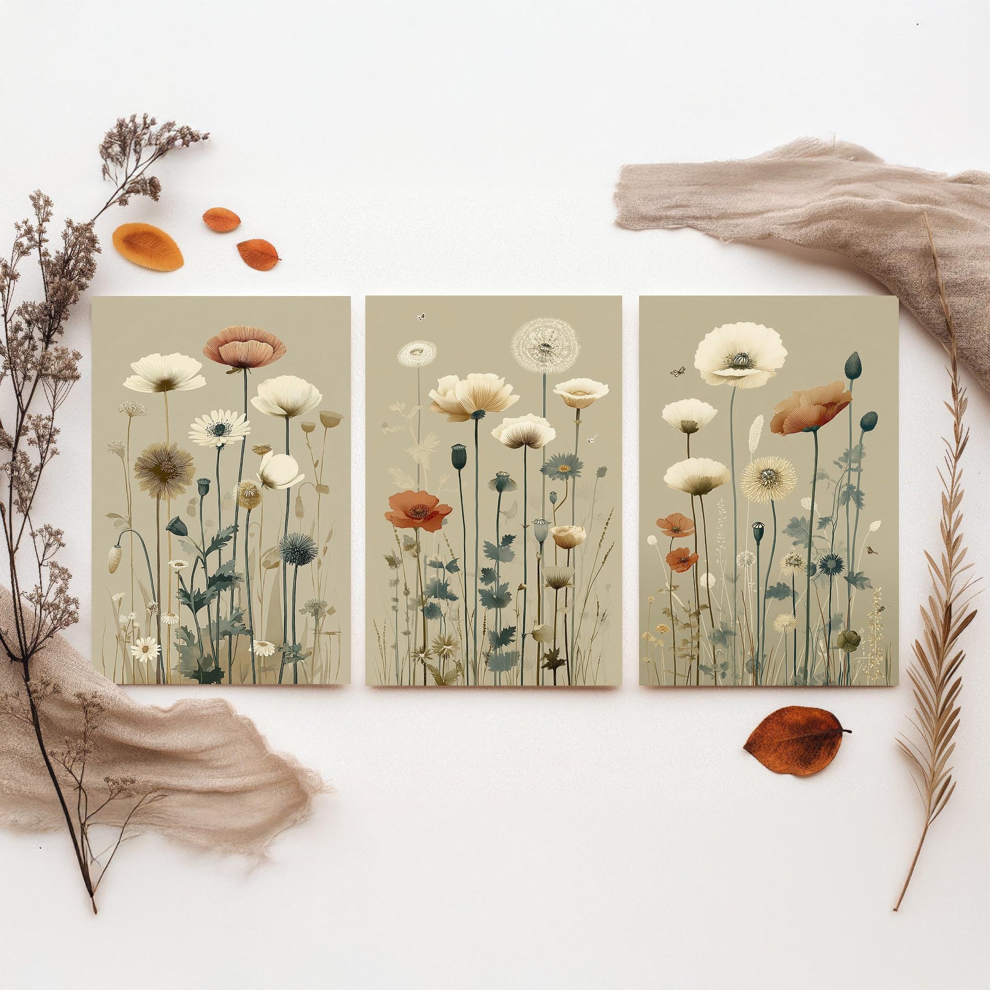 Vintage Wildflower Poster Set of Three Art Prints | Poppy Daisy Meadow Illustration V15