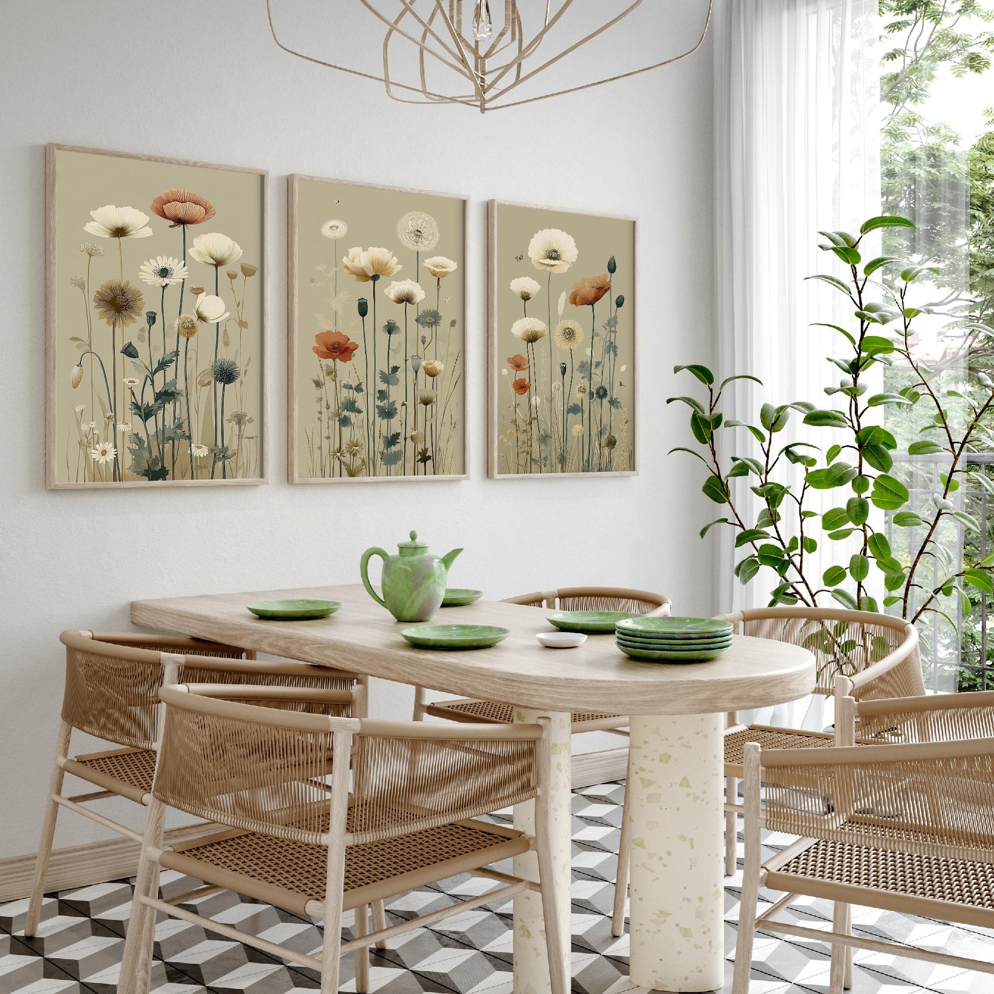 Vintage Wildflower Poster Set of Three Art Prints | Poppy Daisy Meadow Illustration V15