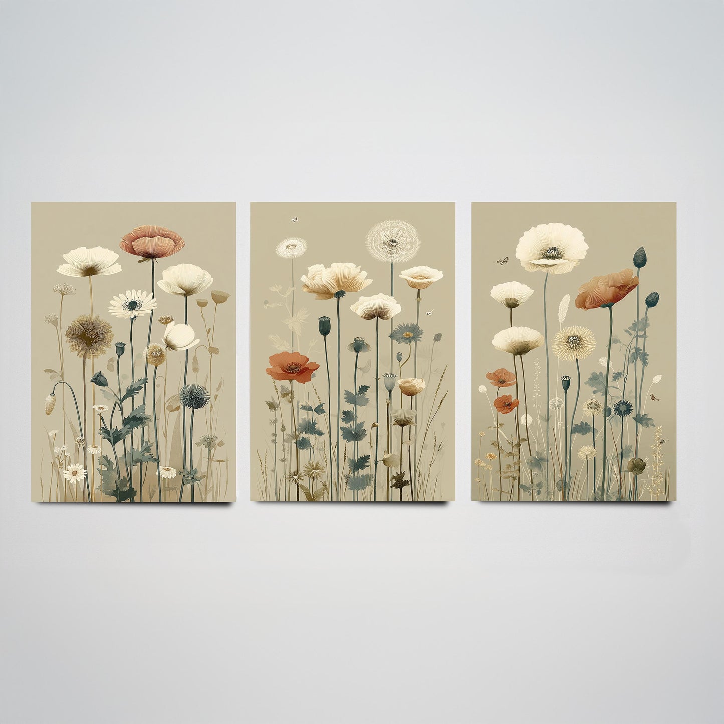 Vintage Wildflower Poster Set of Three Art Prints | Poppy Daisy Meadow Illustration V15