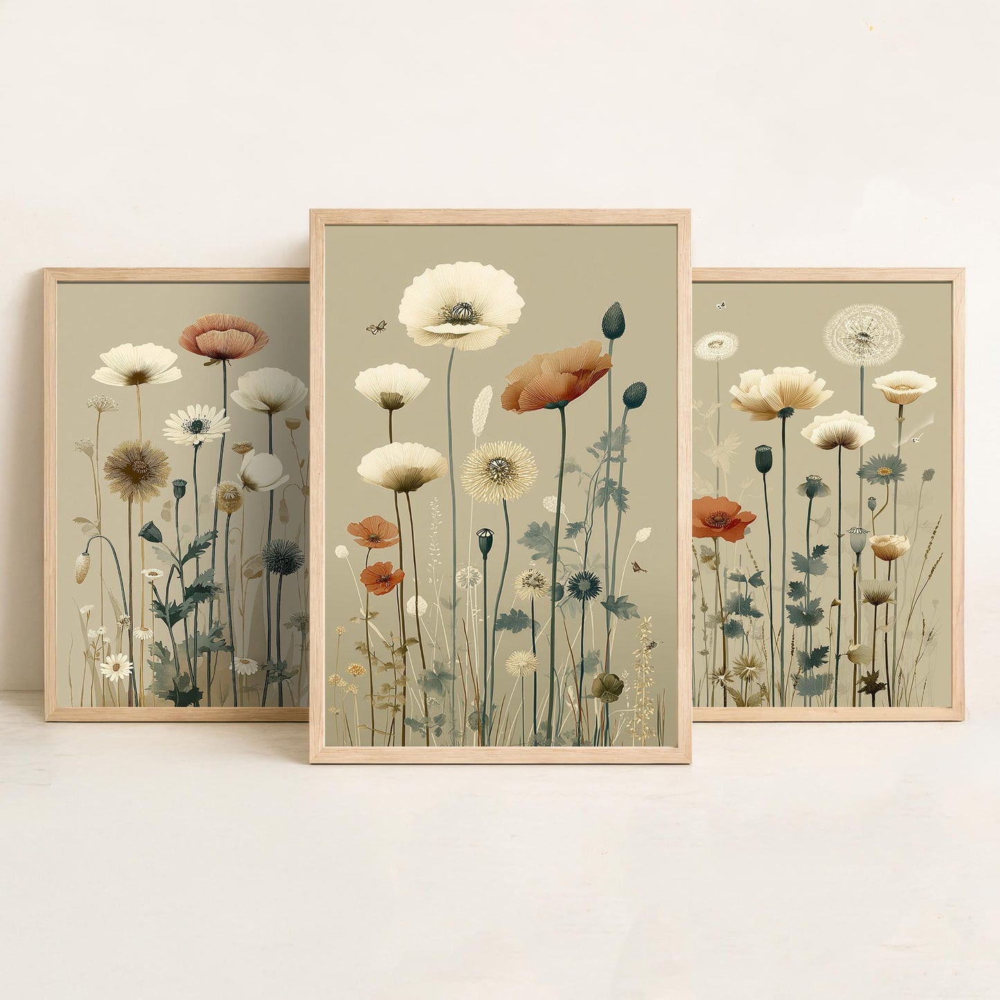 Vintage Wildflower Poster Set of Three Art Prints | Poppy Daisy Meadow Illustration V15