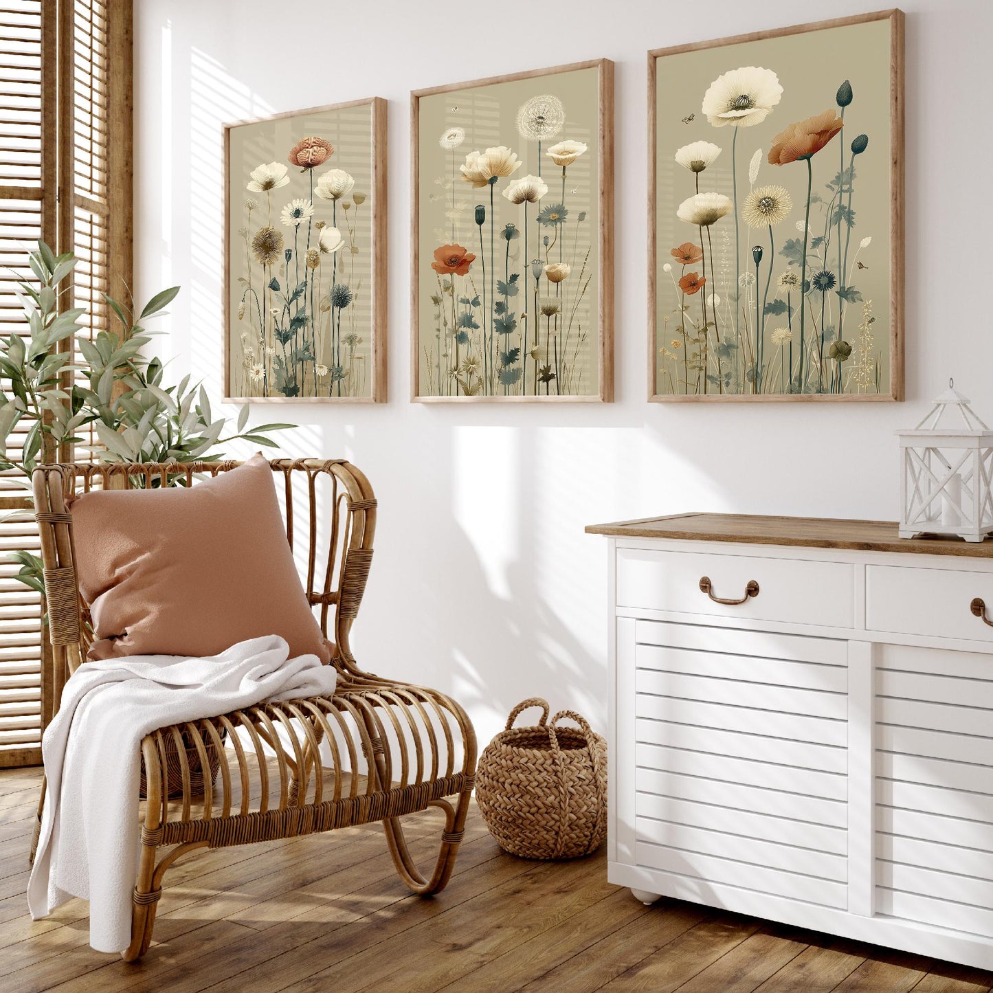 Vintage Wildflower Poster Set of Three Art Prints | Poppy Daisy Meadow Illustration V15