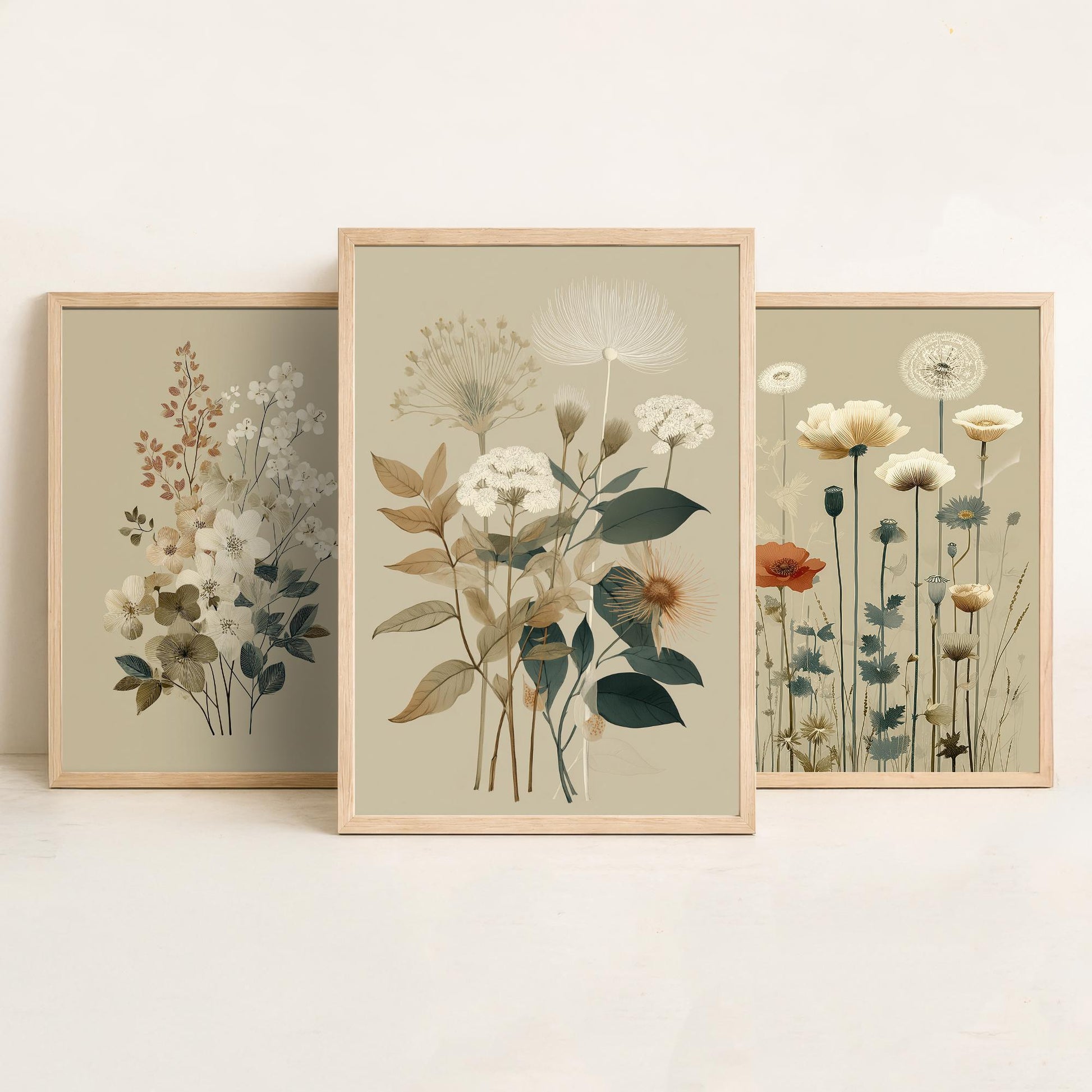 Vintage Wildflower Poster Set of Three Art Prints | Dried Poppy Lace Sprigs Watercolour V16