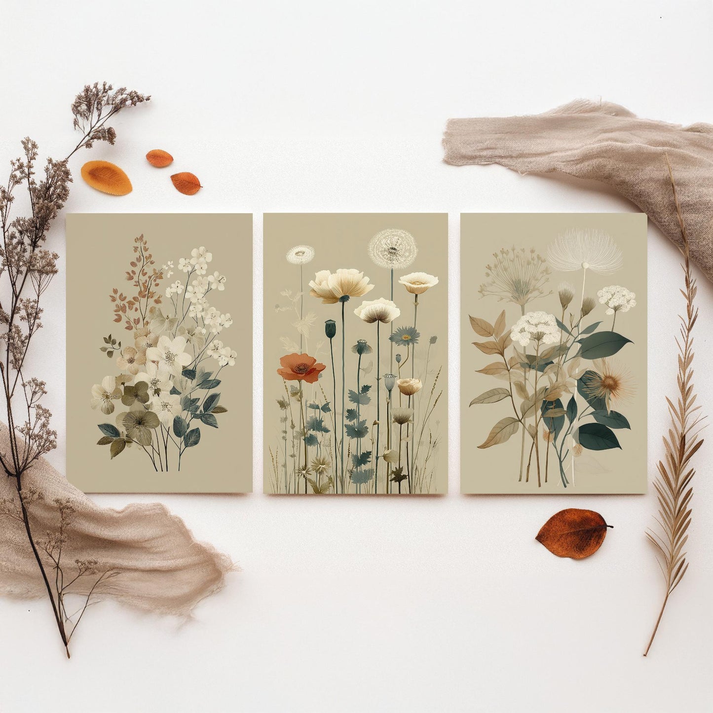 Vintage Wildflower Poster Set of Three Art Prints | Dried Poppy Lace Sprigs Watercolour V16