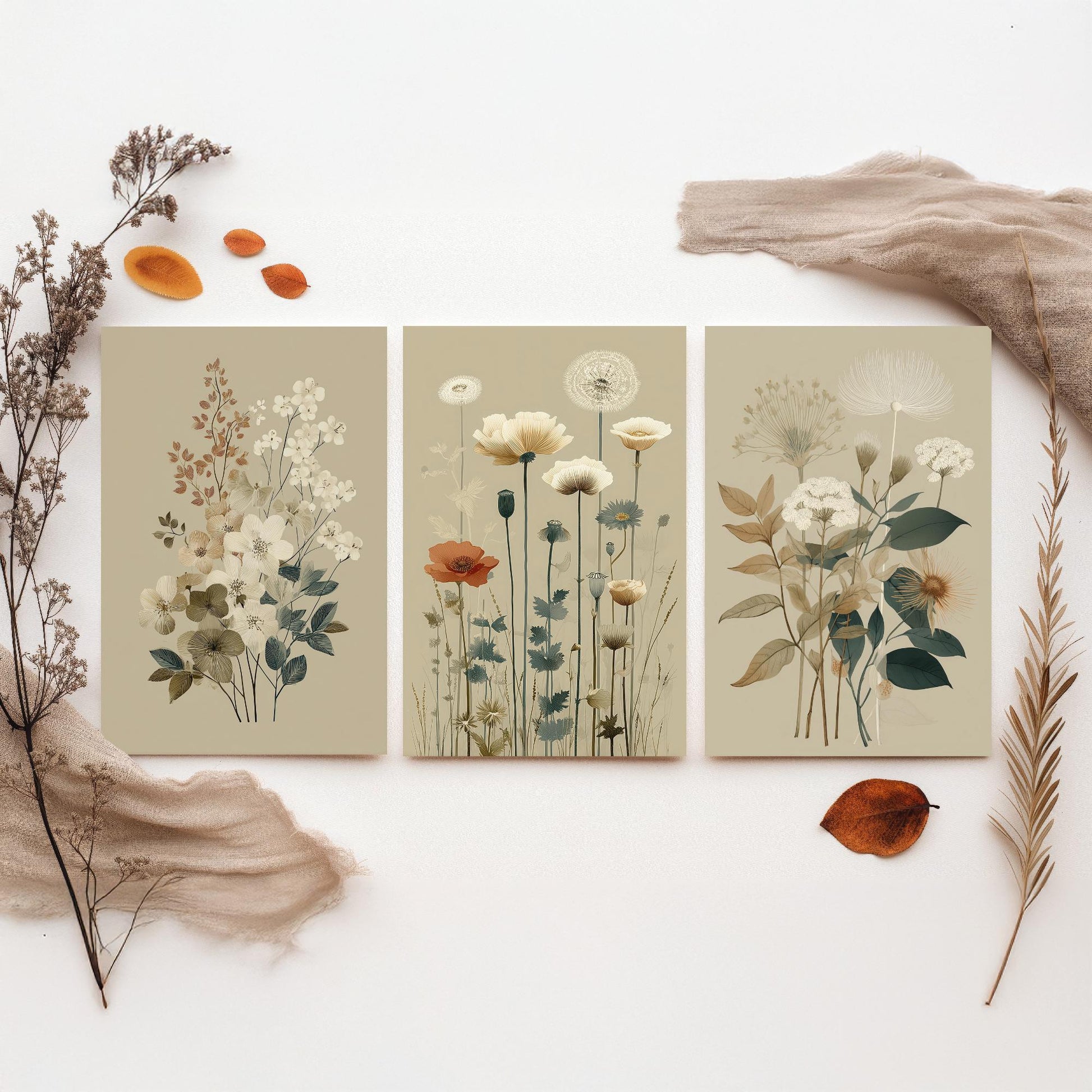 Vintage Wildflower Poster Set of Three Art Prints | Dried Poppy Lace Sprigs Watercolour V16