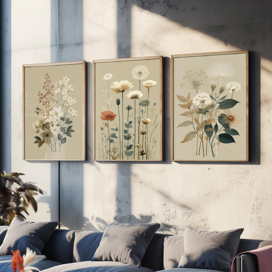 Vintage Wildflower Poster Set of Three Art Prints | Dried Poppy Lace Sprigs Watercolour V16