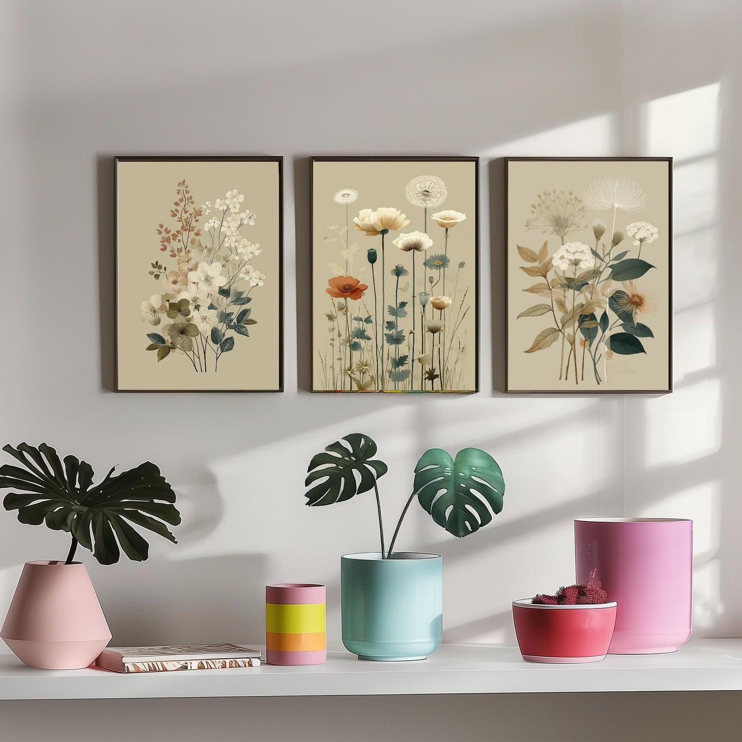 Vintage Wildflower Poster Set of Three Art Prints | Dried Poppy Lace Sprigs Watercolour V16