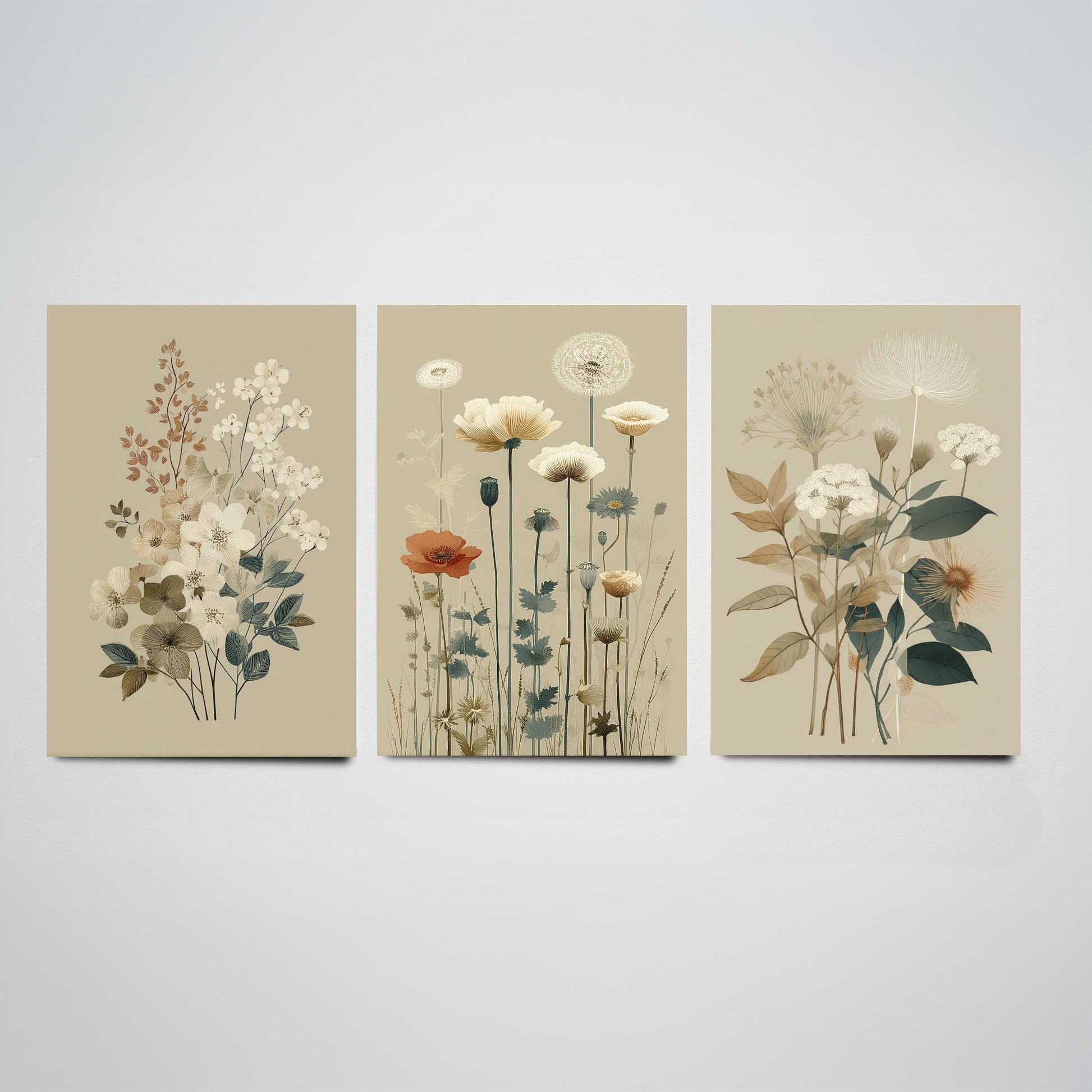 Vintage Wildflower Poster Set of Three Art Prints | Dried Poppy Lace Sprigs Watercolour V16