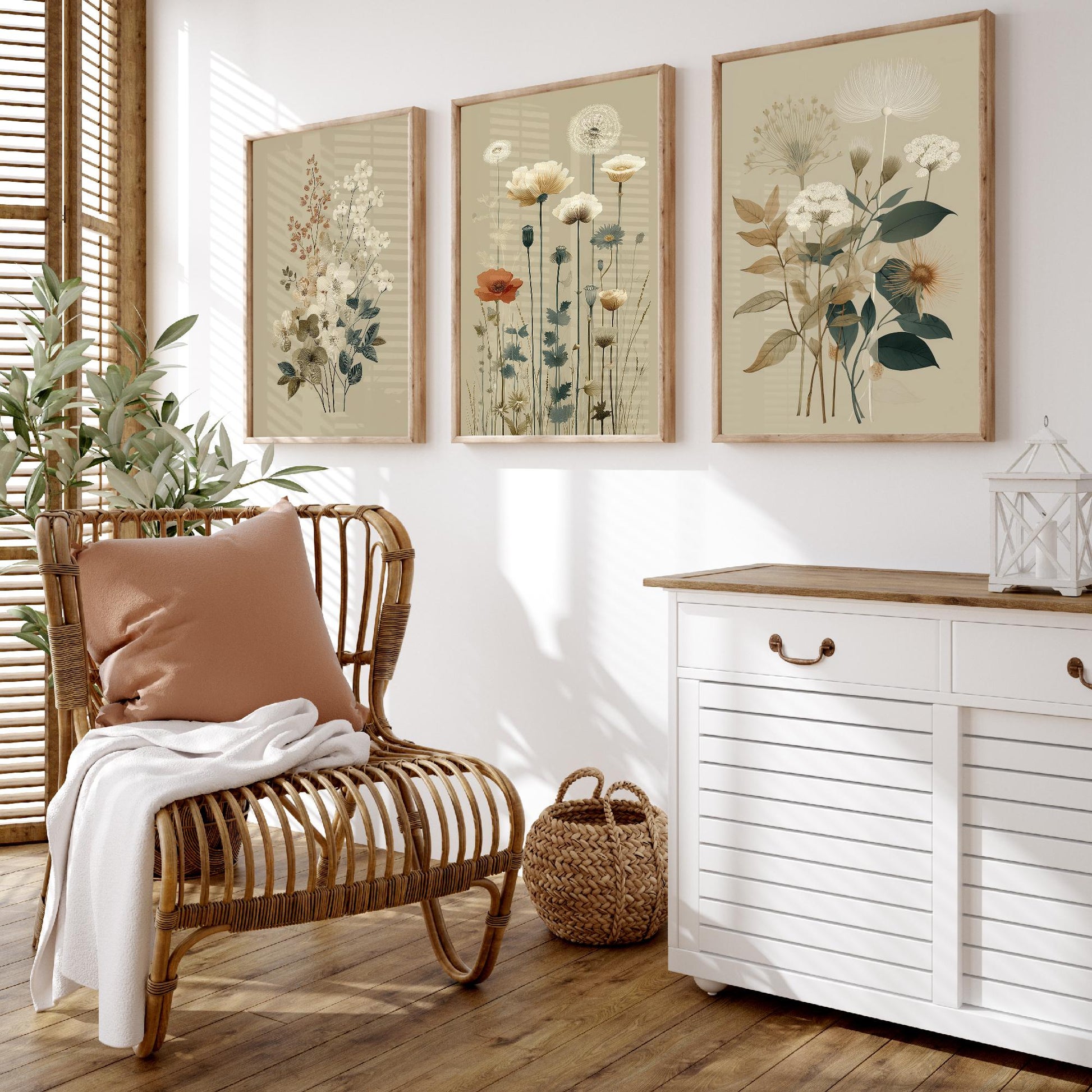 Vintage Wildflower Poster Set of Three Art Prints | Dried Poppy Lace Sprigs Watercolour V16
