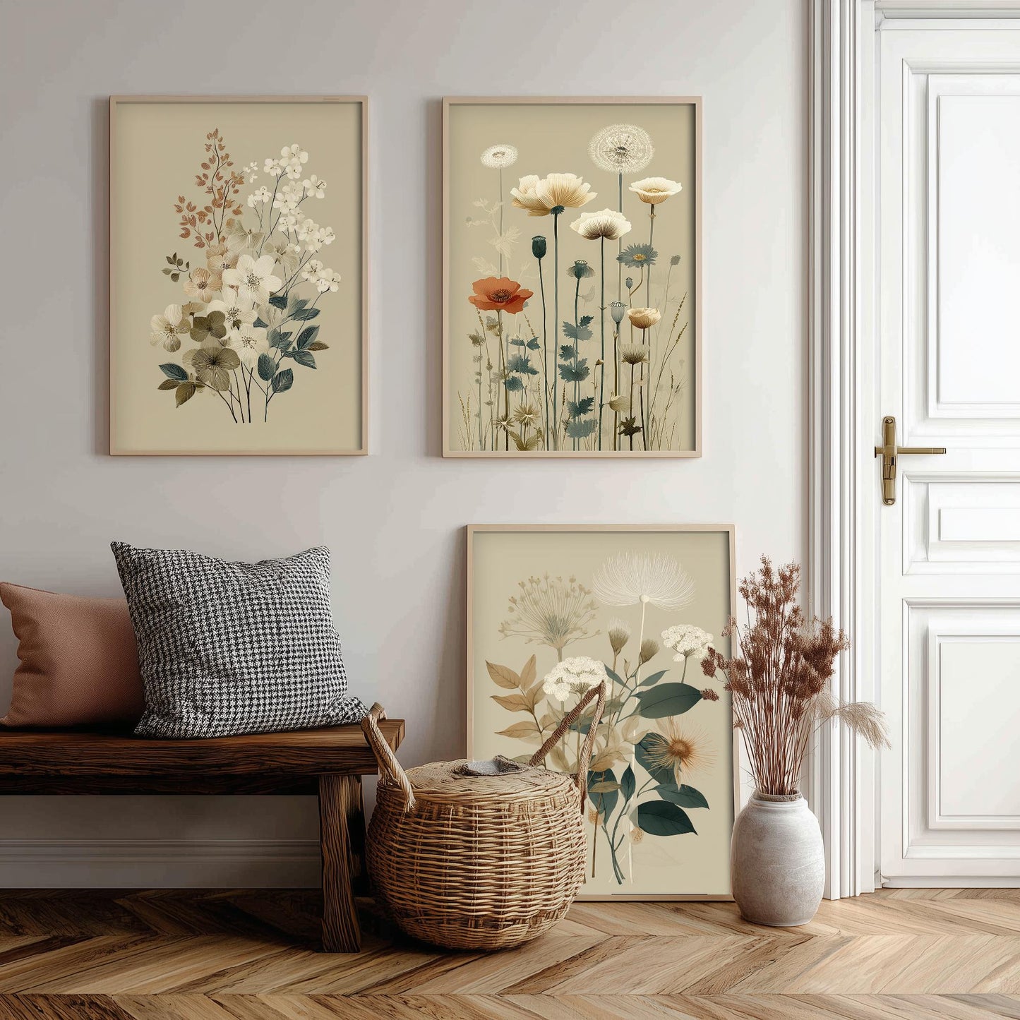 Vintage Wildflower Poster Set of Three Art Prints | Dried Poppy Lace Sprigs Watercolour V16