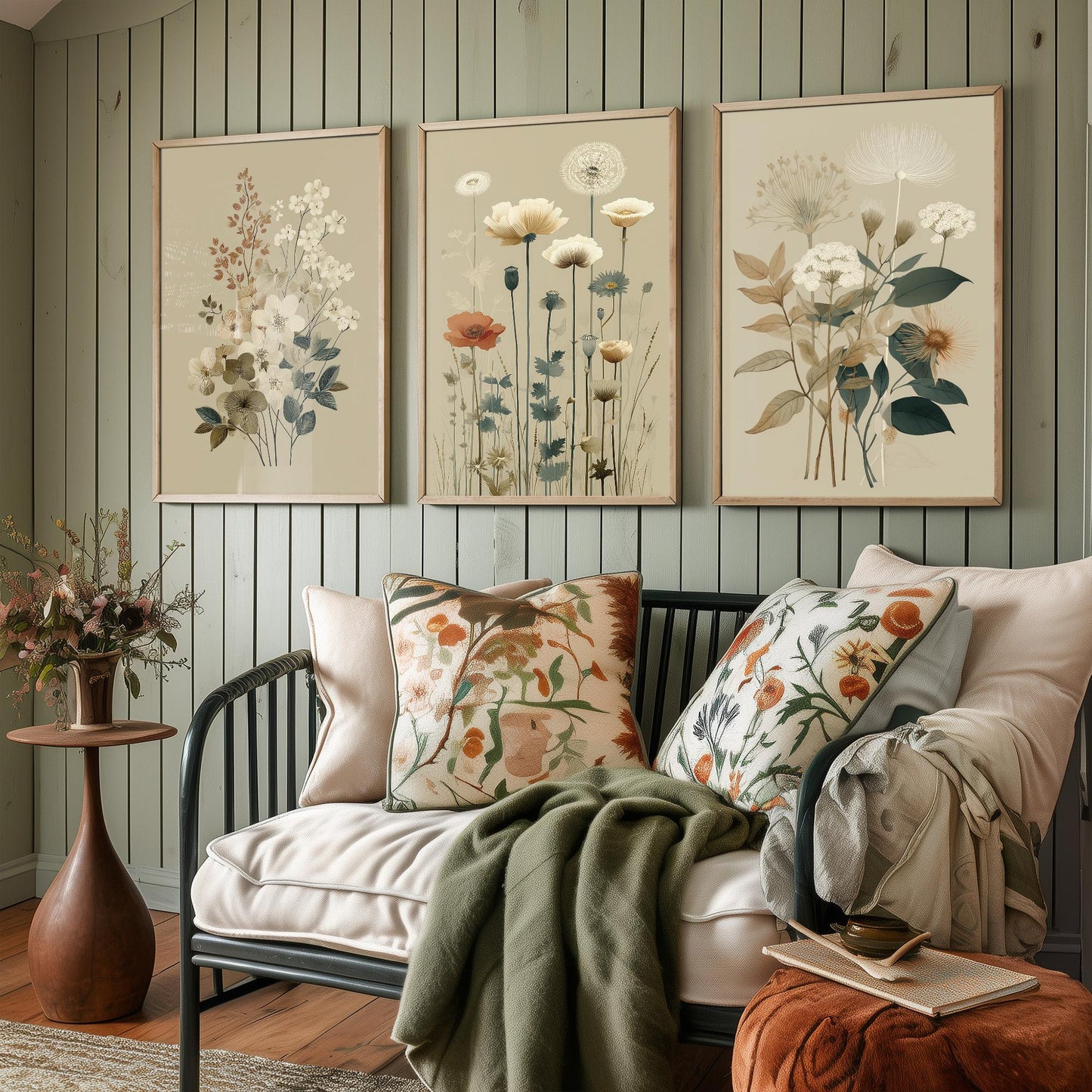 Vintage Wildflower Poster Set of Three Art Prints | Dried Poppy Lace Sprigs Watercolour V16