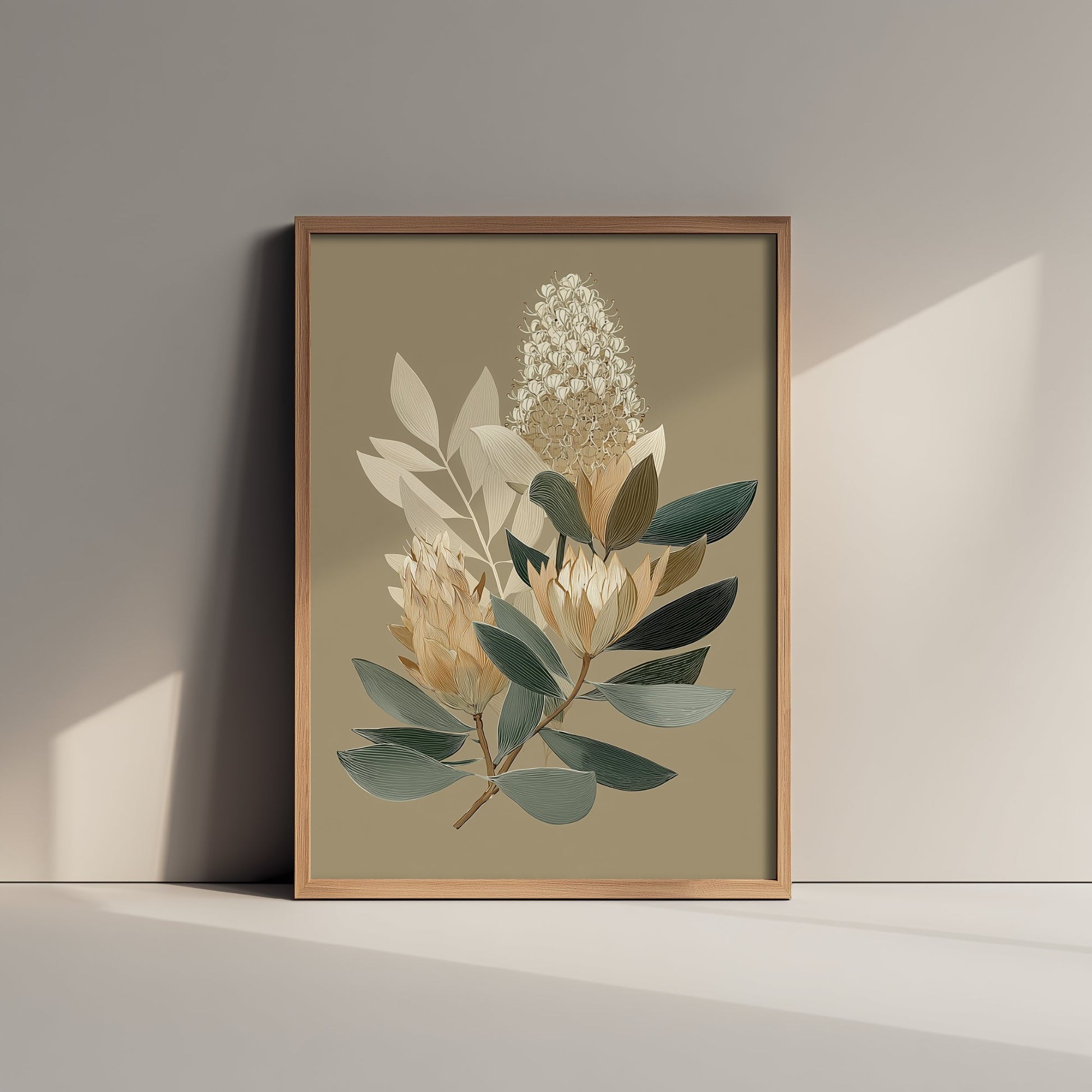 Vintage Botanical Art Print - Bold Protea Poster - Stylised Floral Illustration - Blue Green Leaves V17 1/3