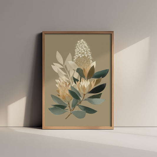 Vintage Botanical Art Print - Bold Protea Poster - Stylised Floral Illustration - Blue Green Leaves V17 1/3