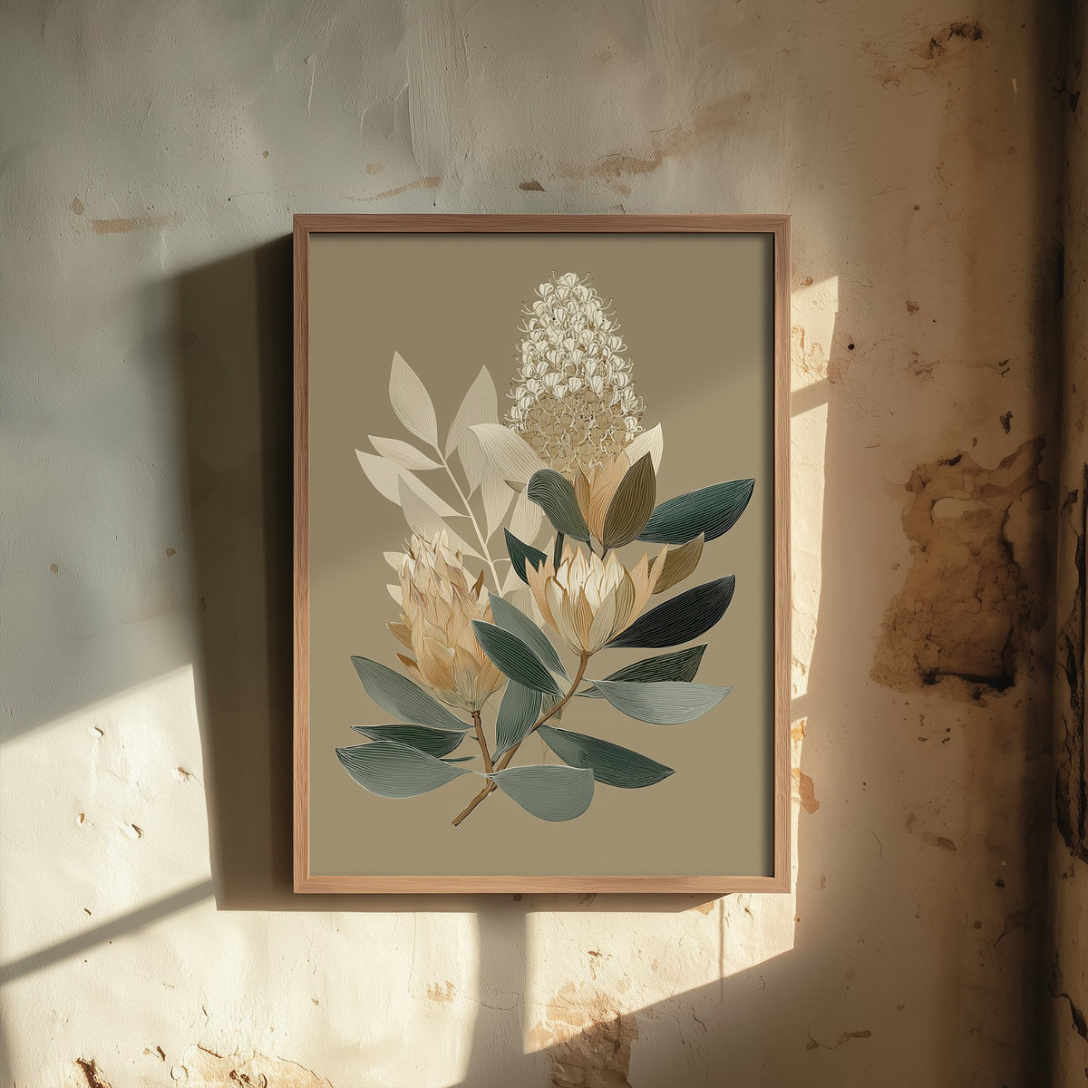Vintage Botanical Art Print - Bold Protea Poster - Stylised Floral Illustration - Blue Green Leaves V17 1/3