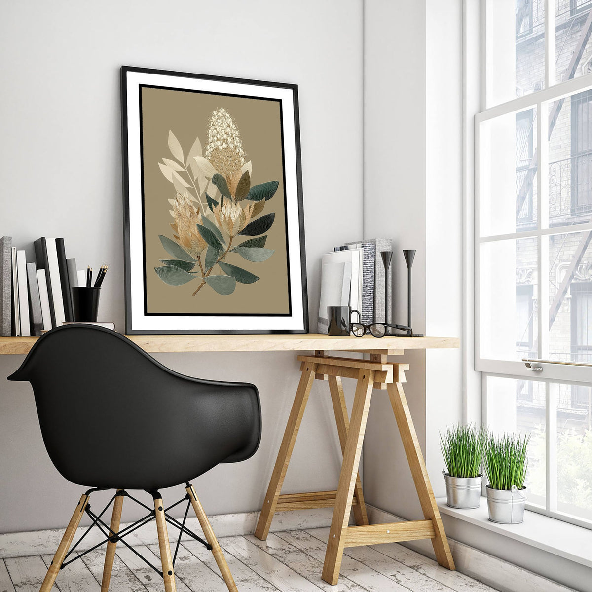 Vintage Botanical Art Print - Bold Protea Poster - Stylised Floral Illustration - Blue Green Leaves V17 1/3
