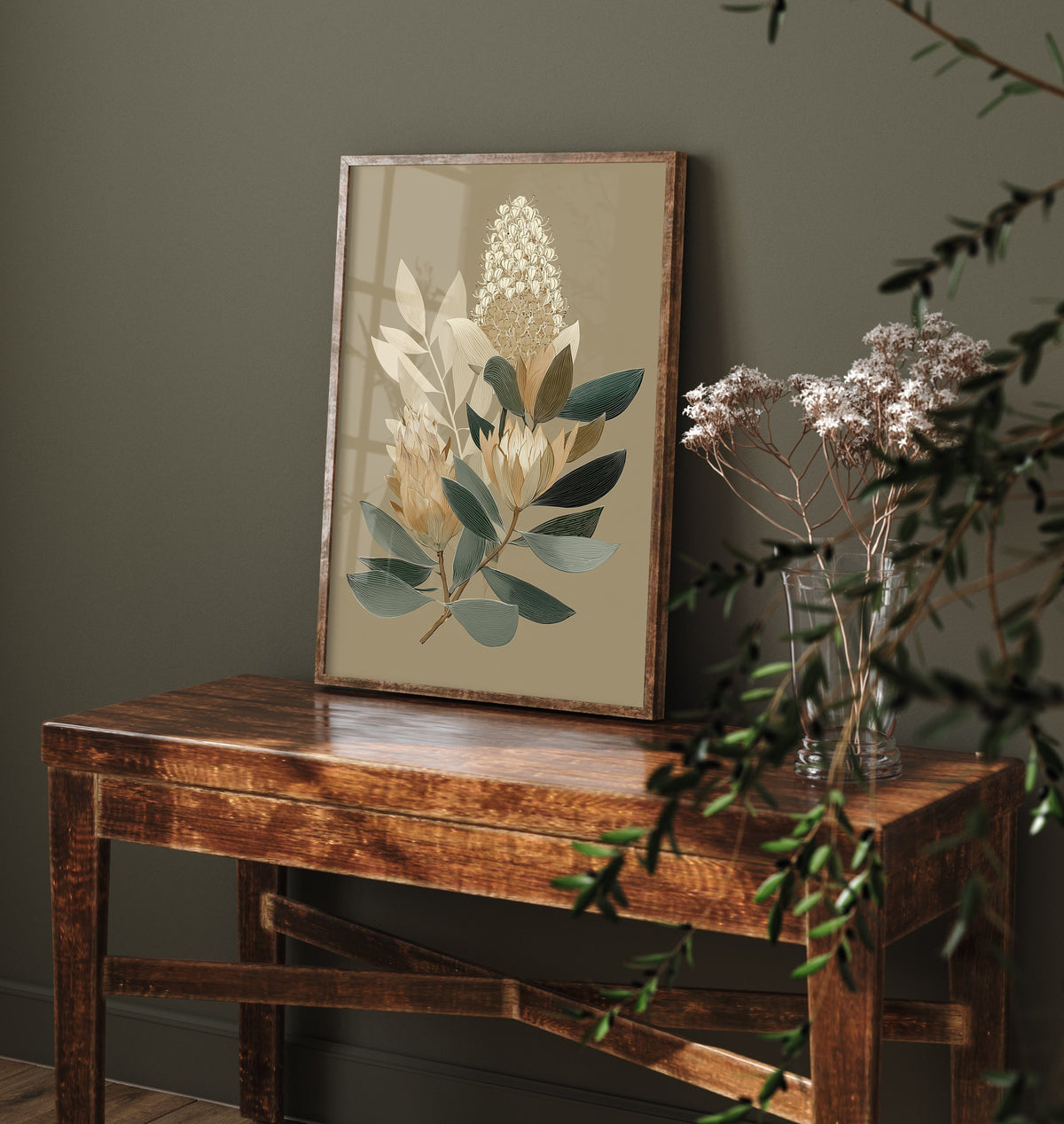 Vintage Botanical Art Print - Bold Protea Poster - Stylised Floral Illustration - Blue Green Leaves V17 1/3