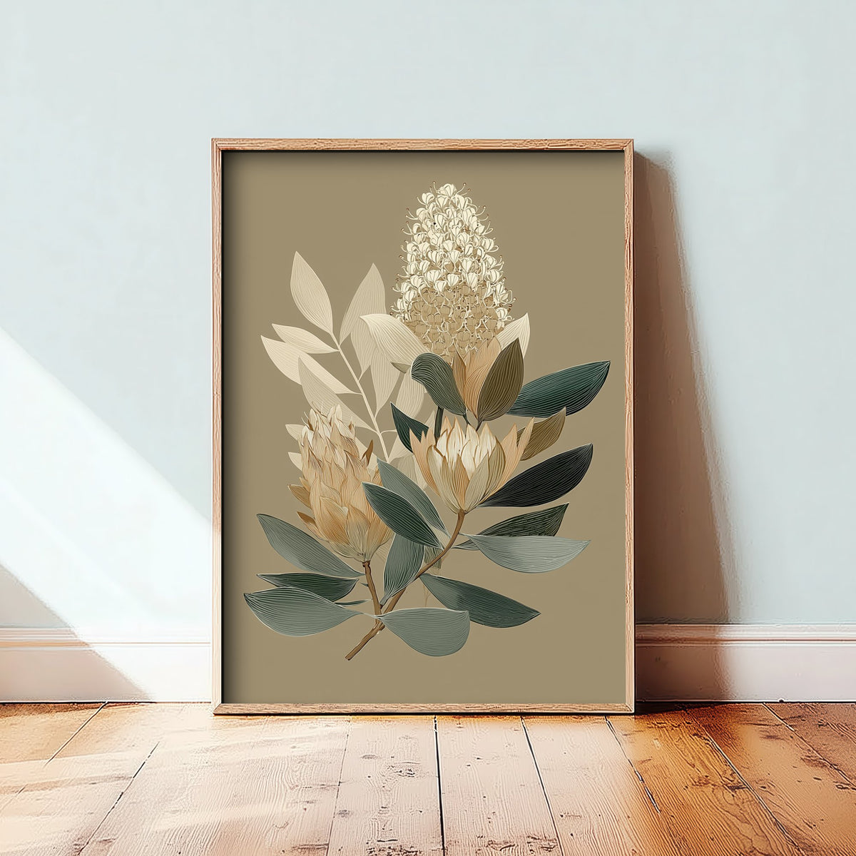 Vintage Botanical Art Print - Bold Protea Poster - Stylised Floral Illustration - Blue Green Leaves V17 1/3