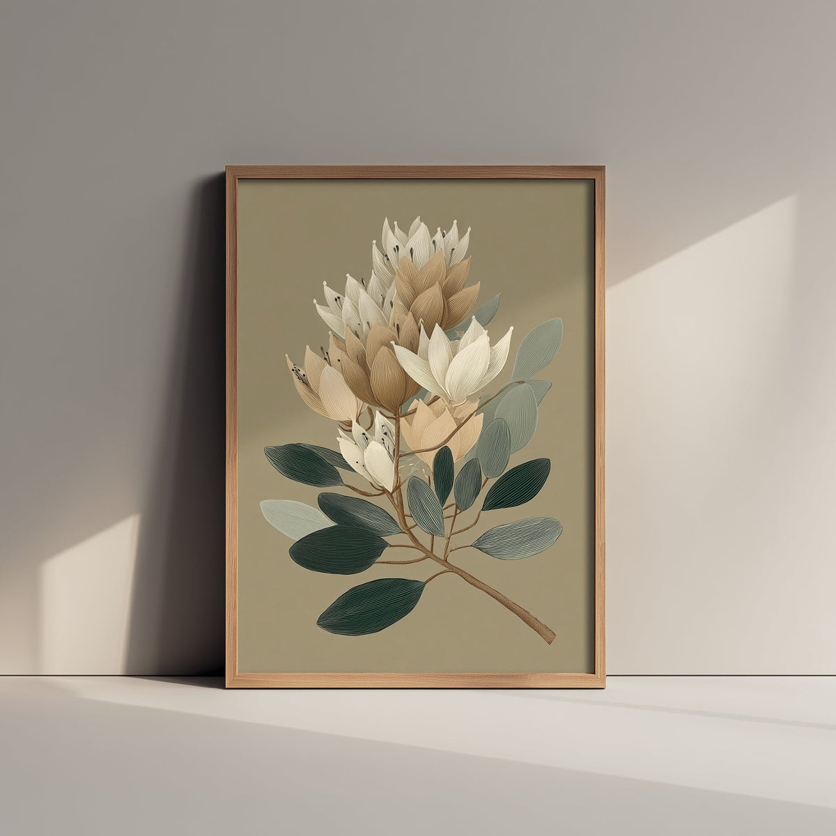 Vintage Botanical Art Print - Bold Protea Poster - Stylised Floral Illustration - Cream Bloom V17 2/3