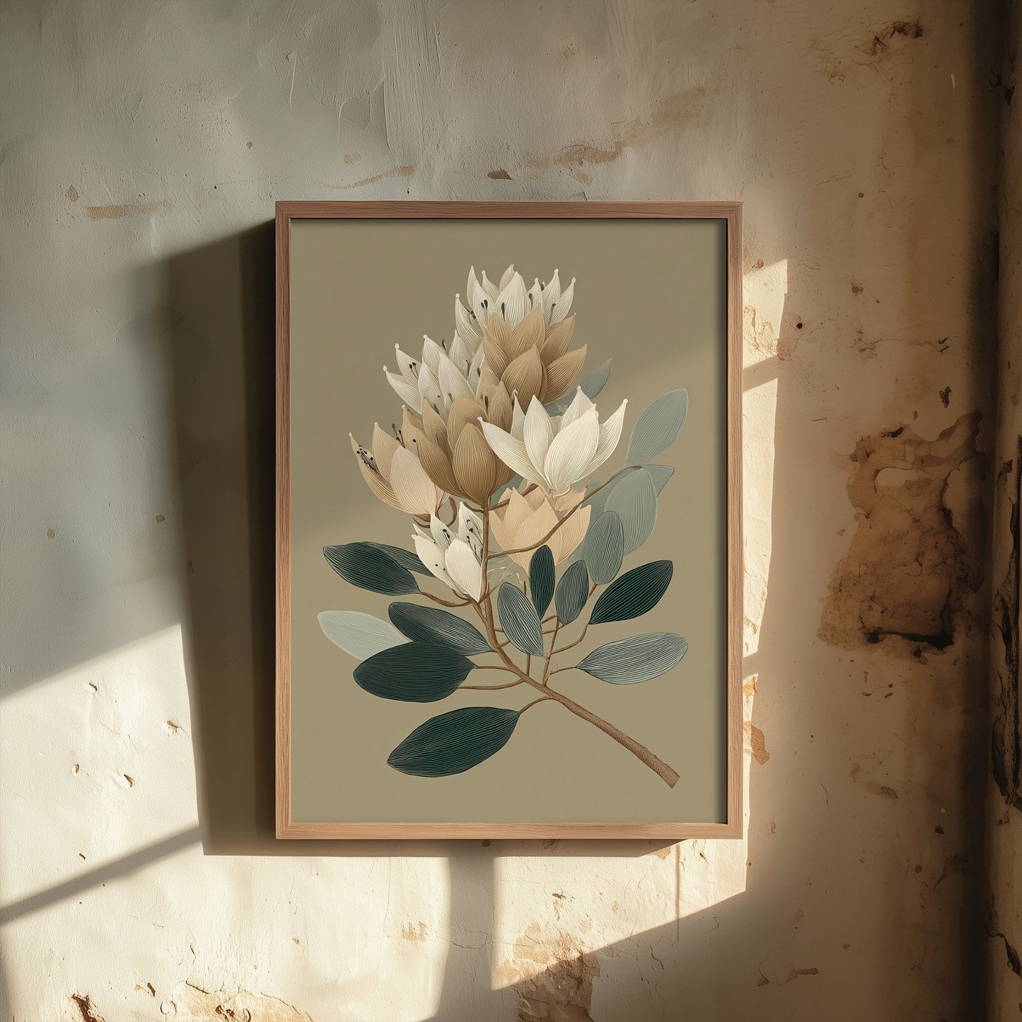 Vintage Botanical Art Print - Bold Protea Poster - Stylised Floral Illustration - Cream Bloom V17 2/3