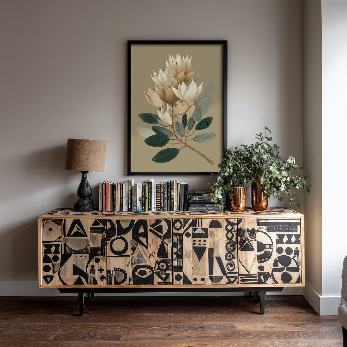 Vintage Botanical Art Print - Bold Protea Poster - Stylised Floral Illustration - Cream Bloom V17 2/3