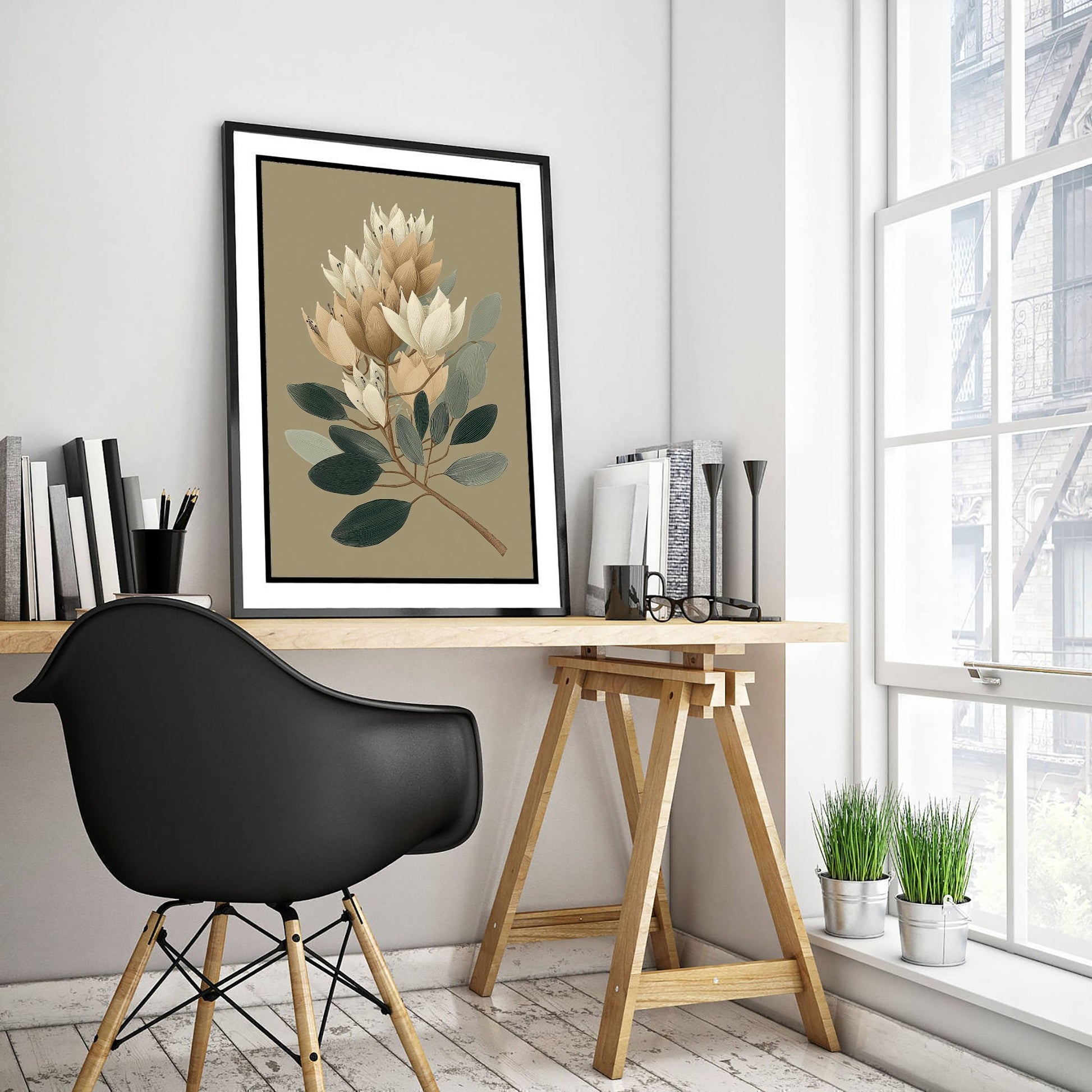 Vintage Botanical Art Print - Bold Protea Poster - Stylised Floral Illustration - Cream Bloom V17 2/3