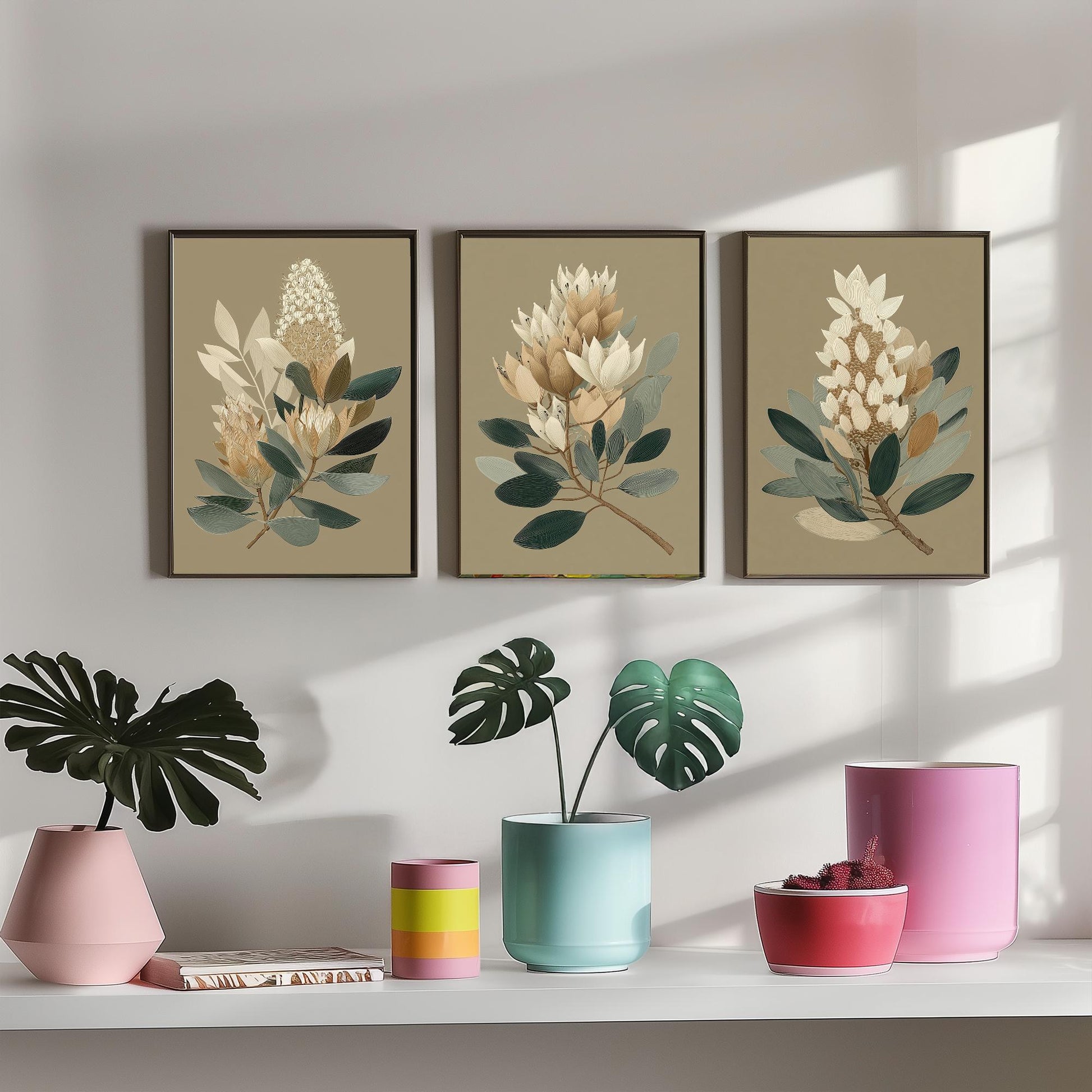 Vintage Botanical Set of Three Art Prints | Cream Protea Banksia Illustration Poster V17