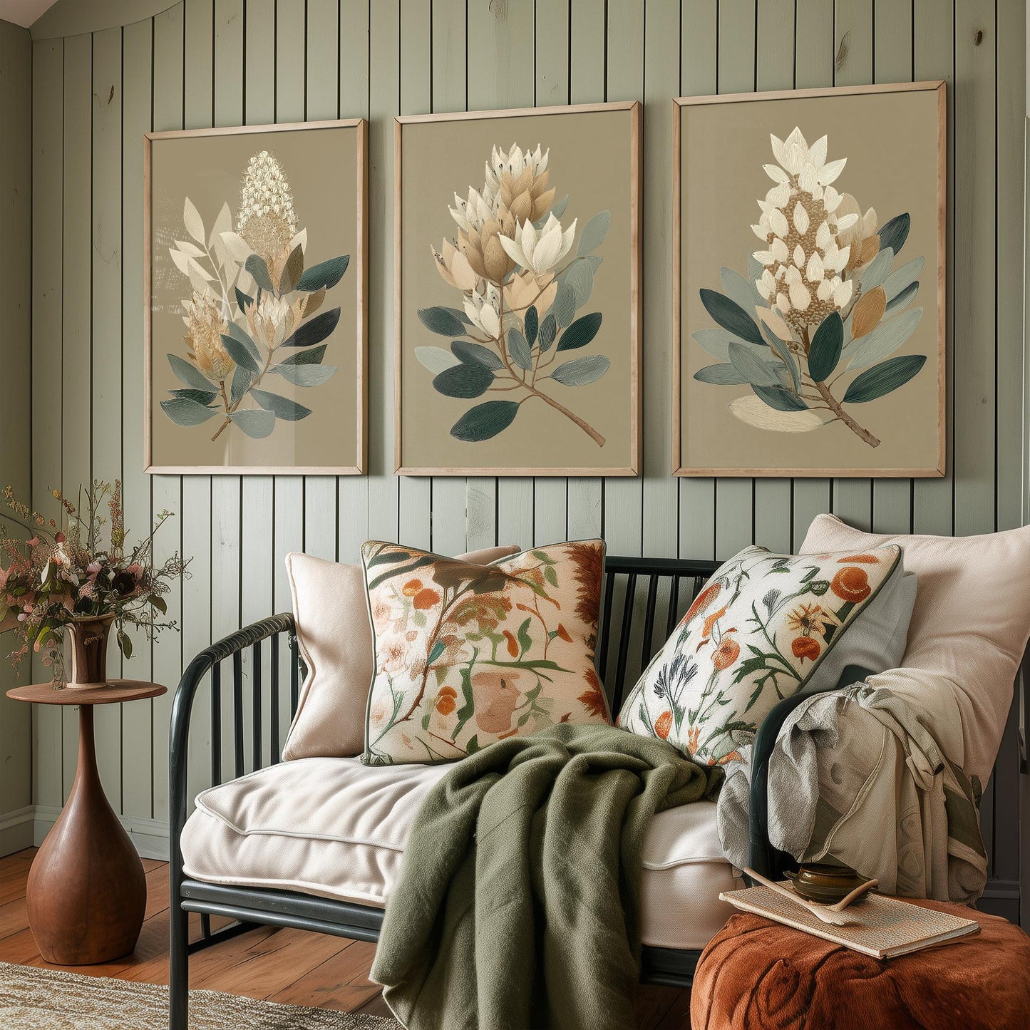 Vintage Botanical Set of Three Art Prints | Cream Protea Banksia Illustration Poster V17