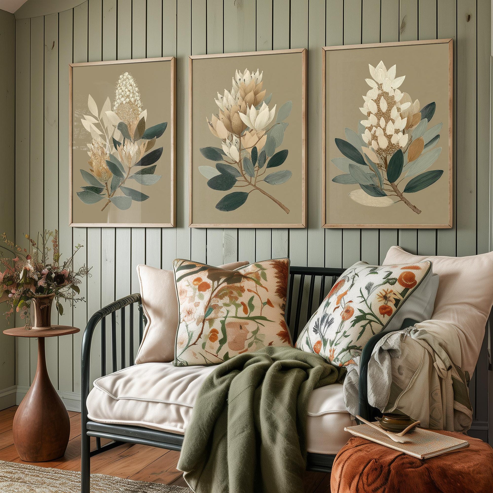 Vintage Botanical Set of Three Art Prints | Cream Protea Banksia Illustration Poster V17