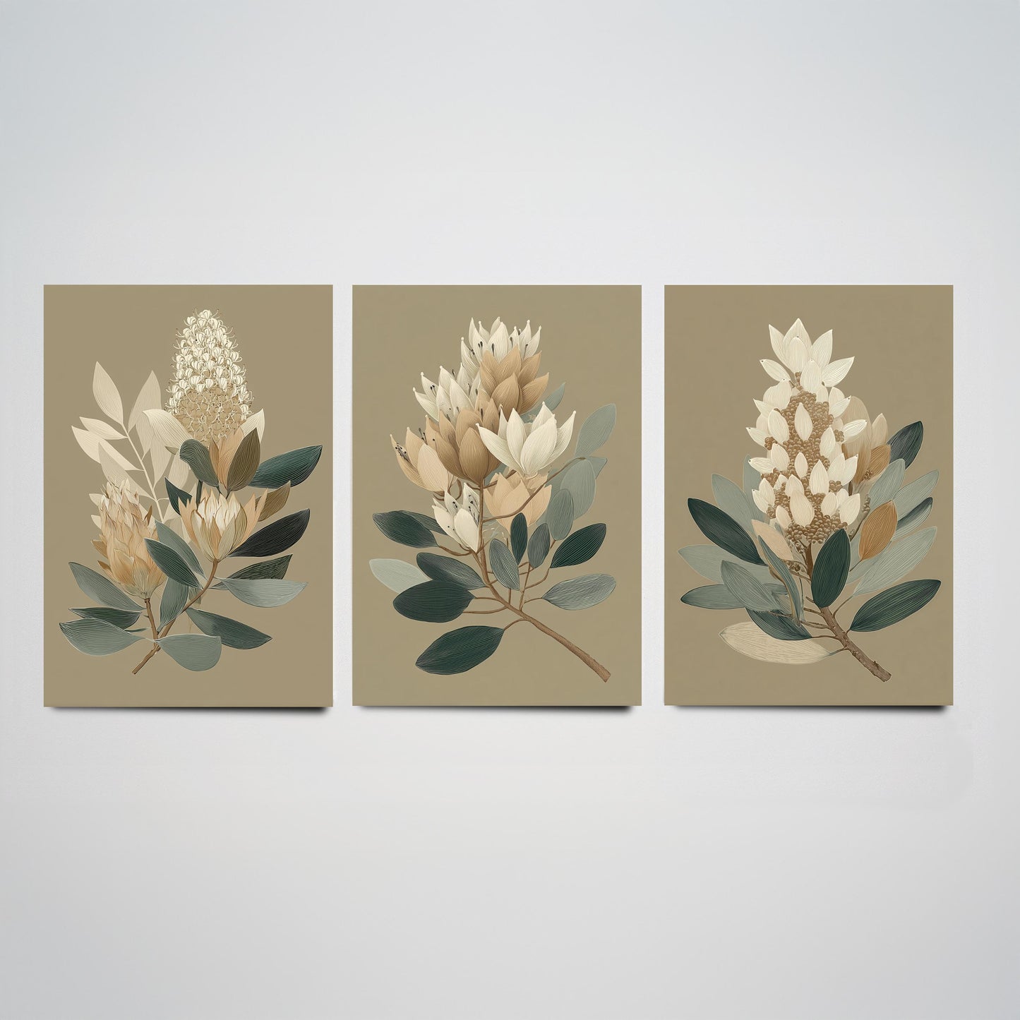 Vintage Botanical Set of Three Art Prints | Cream Protea Banksia Illustration Poster V17