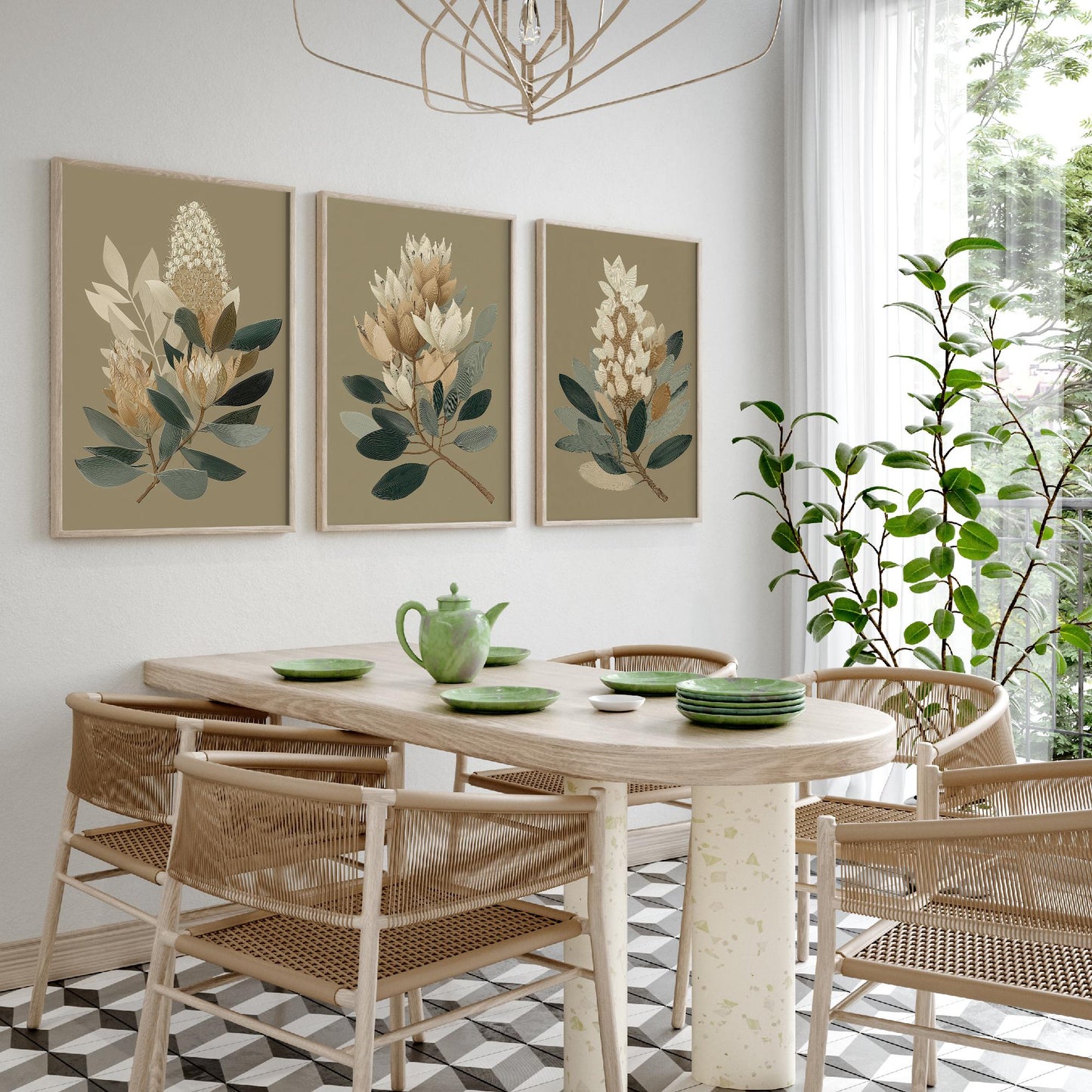 Vintage Botanical Set of Three Art Prints | Cream Protea Banksia Illustration Poster V17