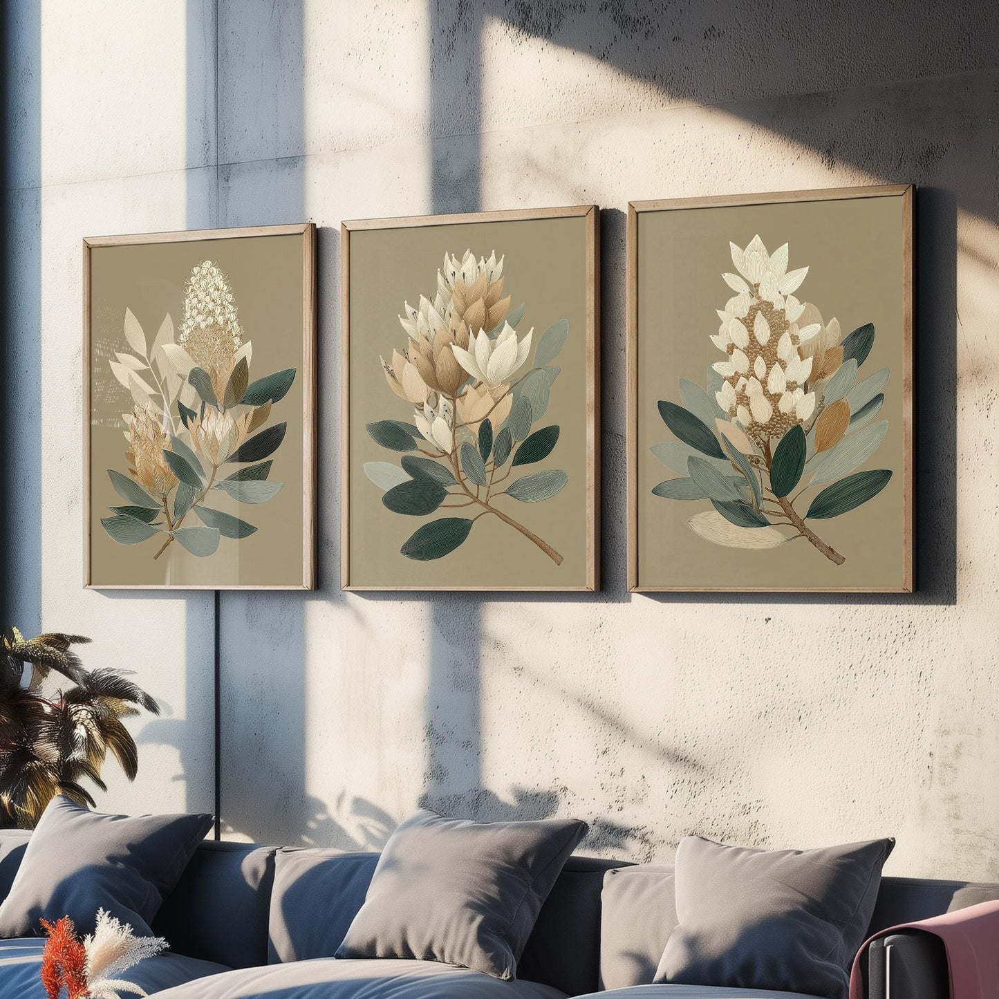 Vintage Botanical Set of Three Art Prints | Cream Protea Banksia Illustration Poster V17