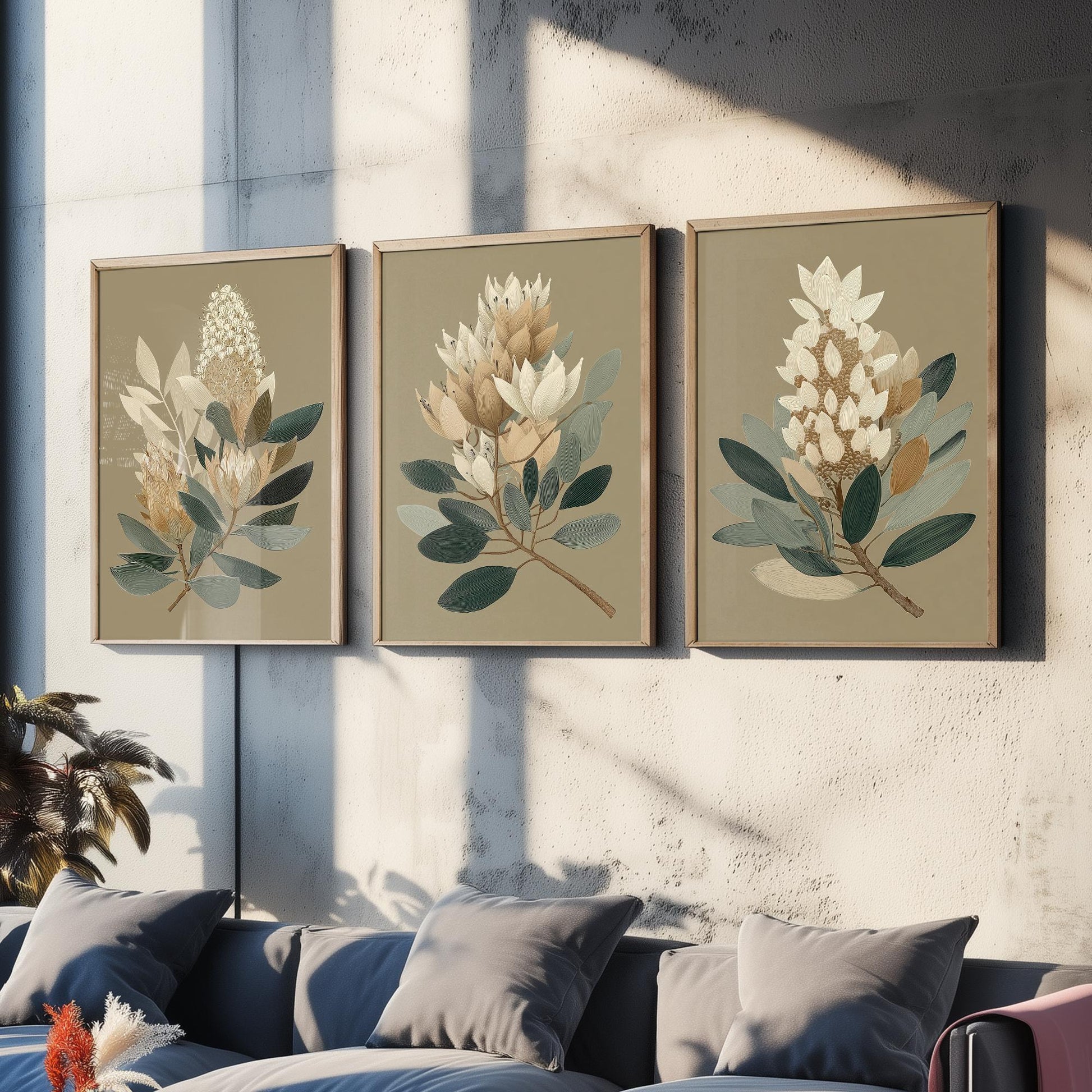 Vintage Botanical Set of Three Art Prints | Cream Protea Banksia Illustration Poster V17