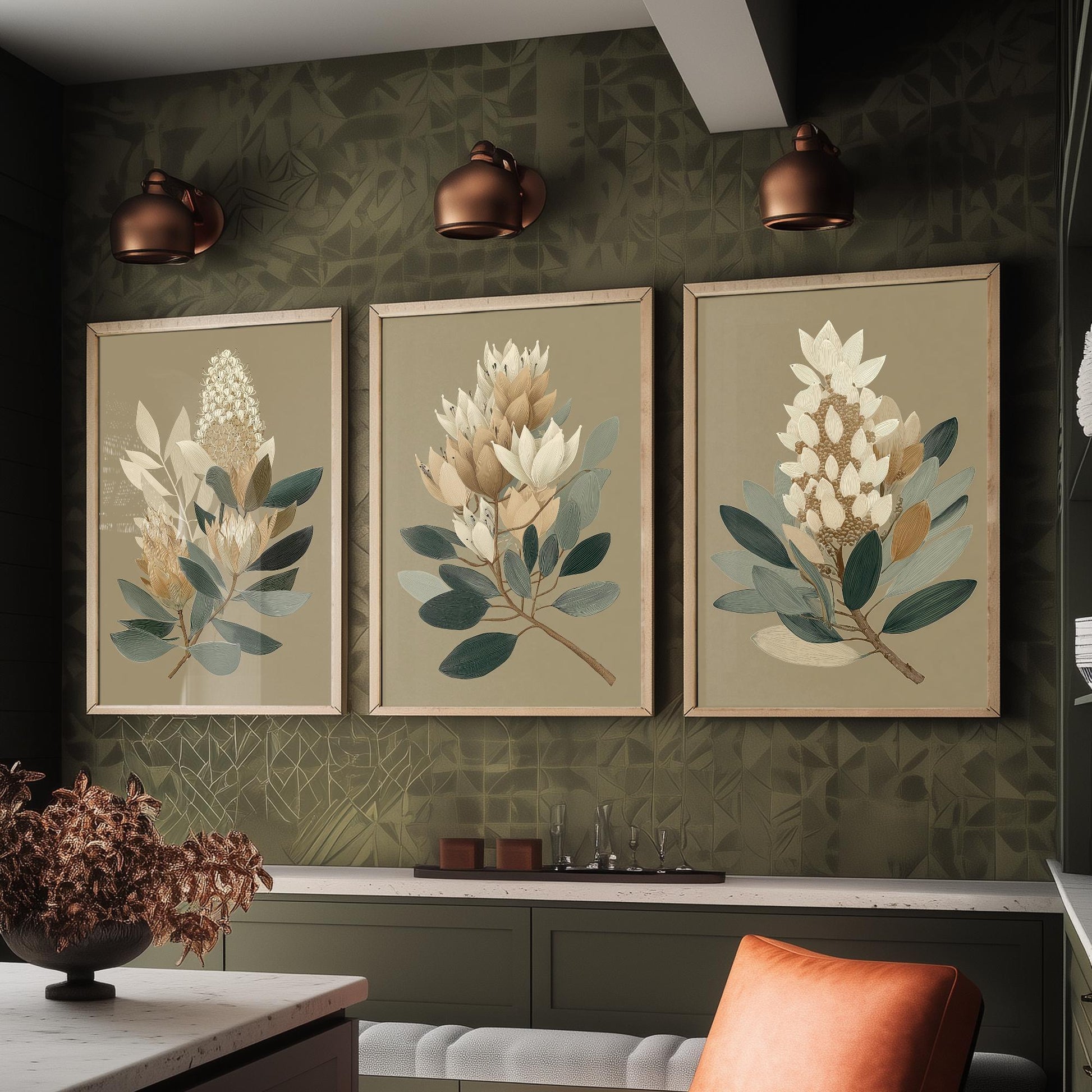 Vintage Botanical Set of Three Art Prints | Cream Protea Banksia Illustration Poster V17