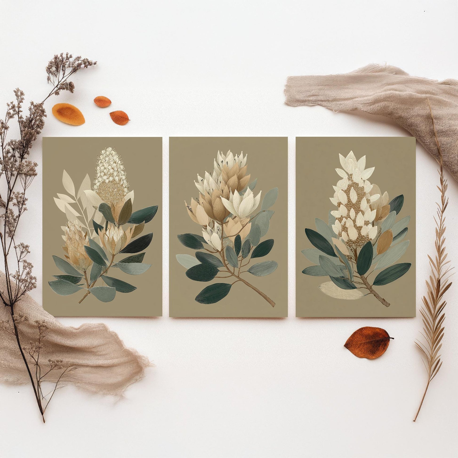 Vintage Botanical Set of Three Art Prints | Cream Protea Banksia Illustration Poster V17