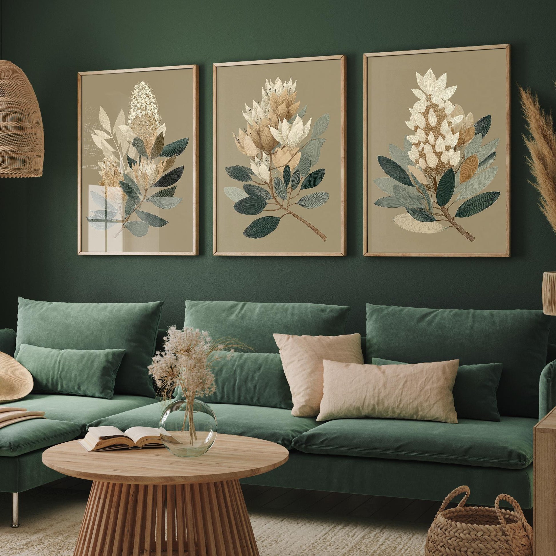 Vintage Botanical Set of Three Art Prints | Cream Protea Banksia Illustration Poster V17