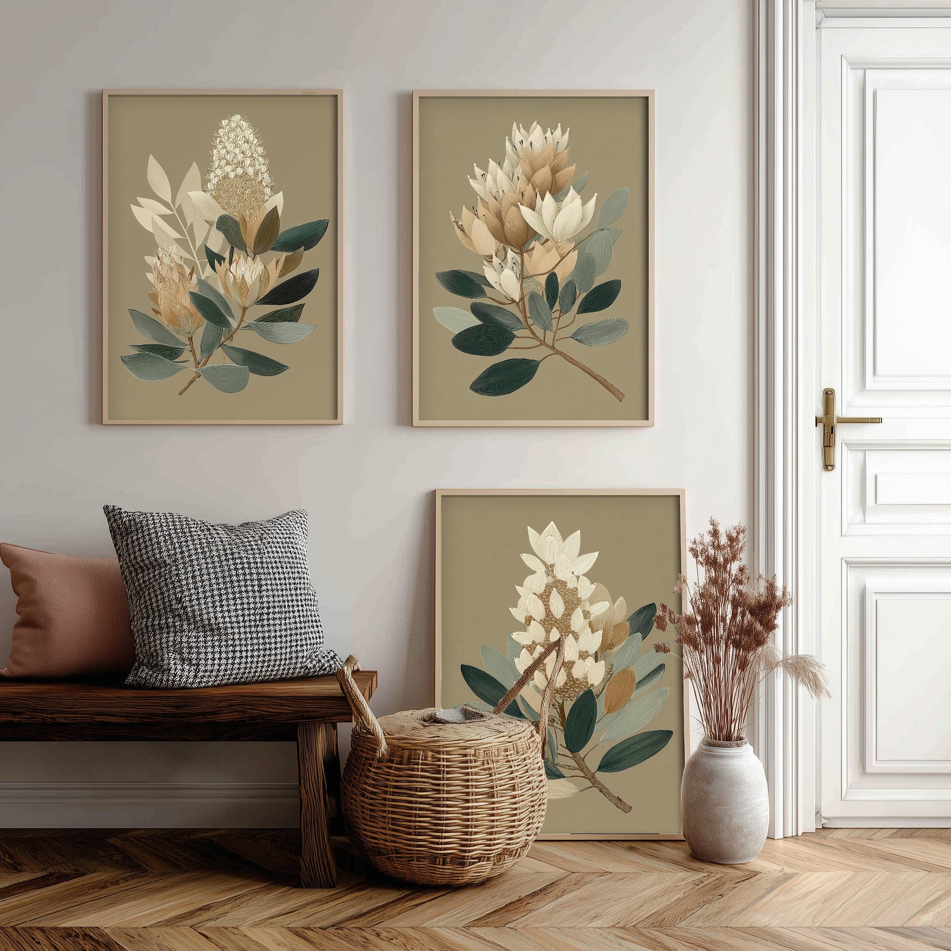 Vintage Botanical Set of Three Art Prints | Cream Protea Banksia Illustration Poster V17