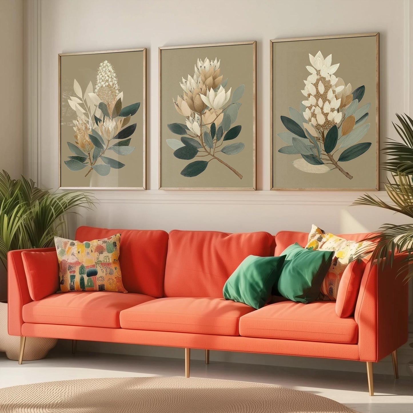 Vintage Botanical Set of Three Art Prints | Cream Protea Banksia Illustration Poster V17