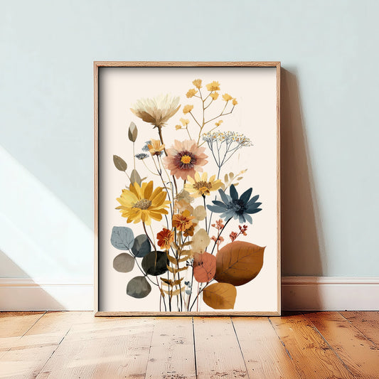 Vintage Wildflower Art Print - Boho Floral Bouquet Poster - Botanical Illustration - Earthy Wall Art V18 1/3