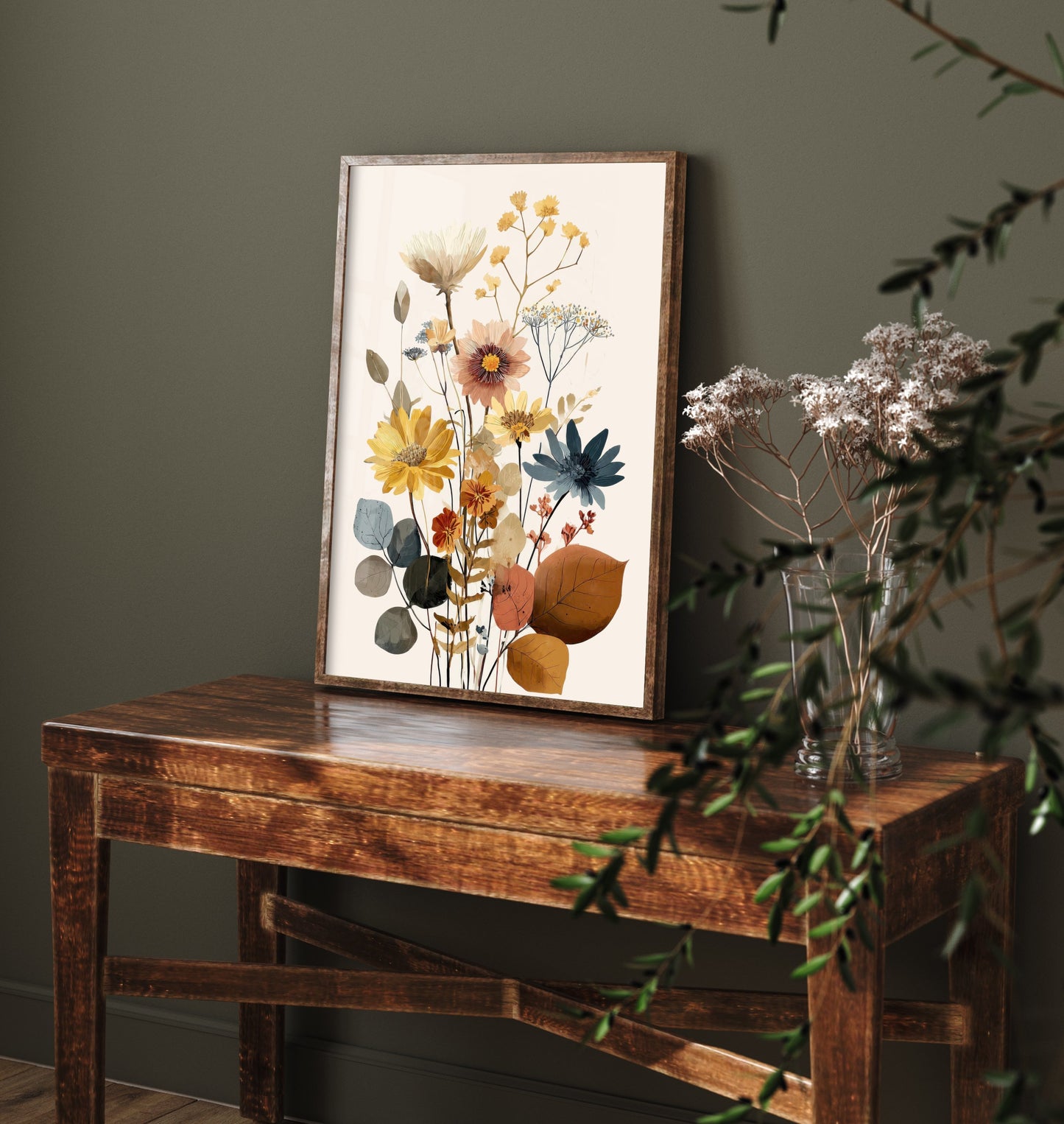 Vintage Wildflower Art Print - Boho Floral Bouquet Poster - Botanical Illustration - Earthy Wall Art V18 1/3
