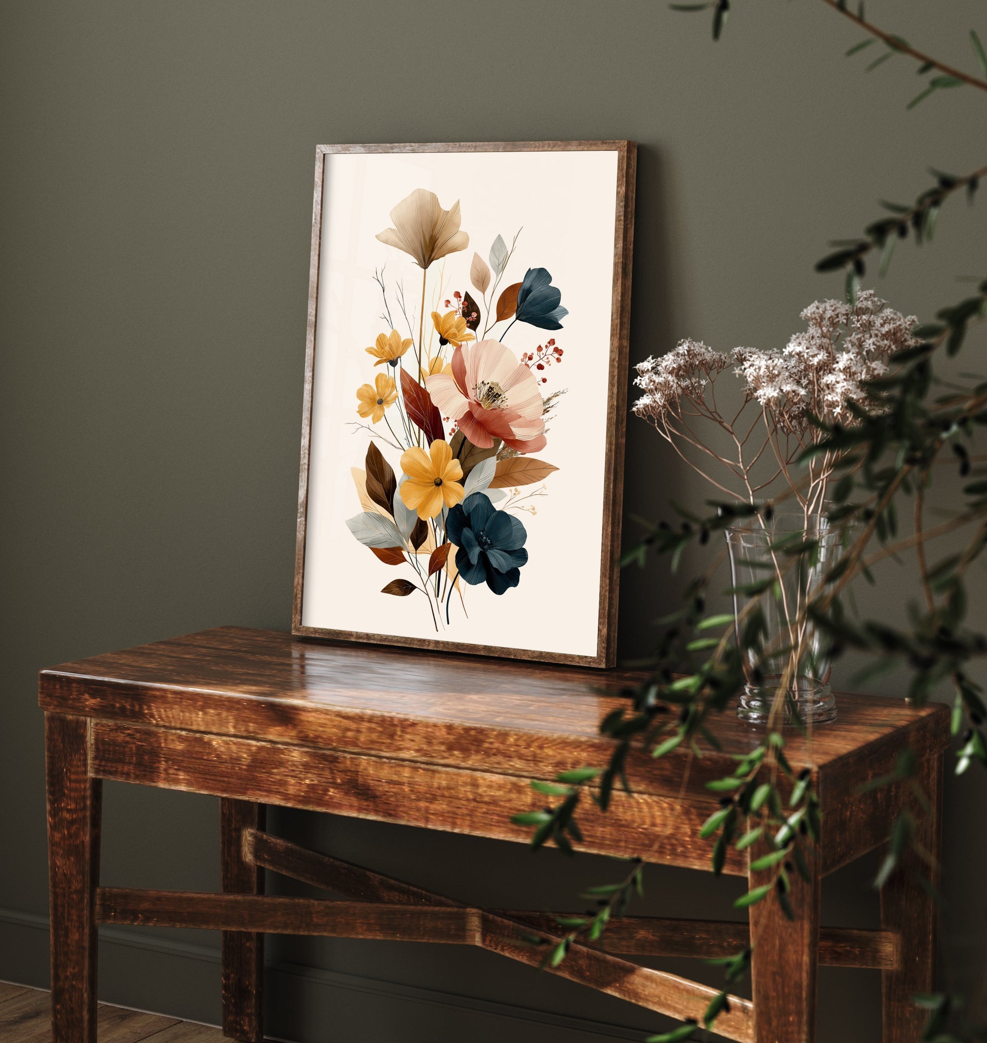 Vintage Wildflower Art Print - Boho Floral Bouquet Poster - Botanical Illustration - Blush Navy Wall Art V18 3/3