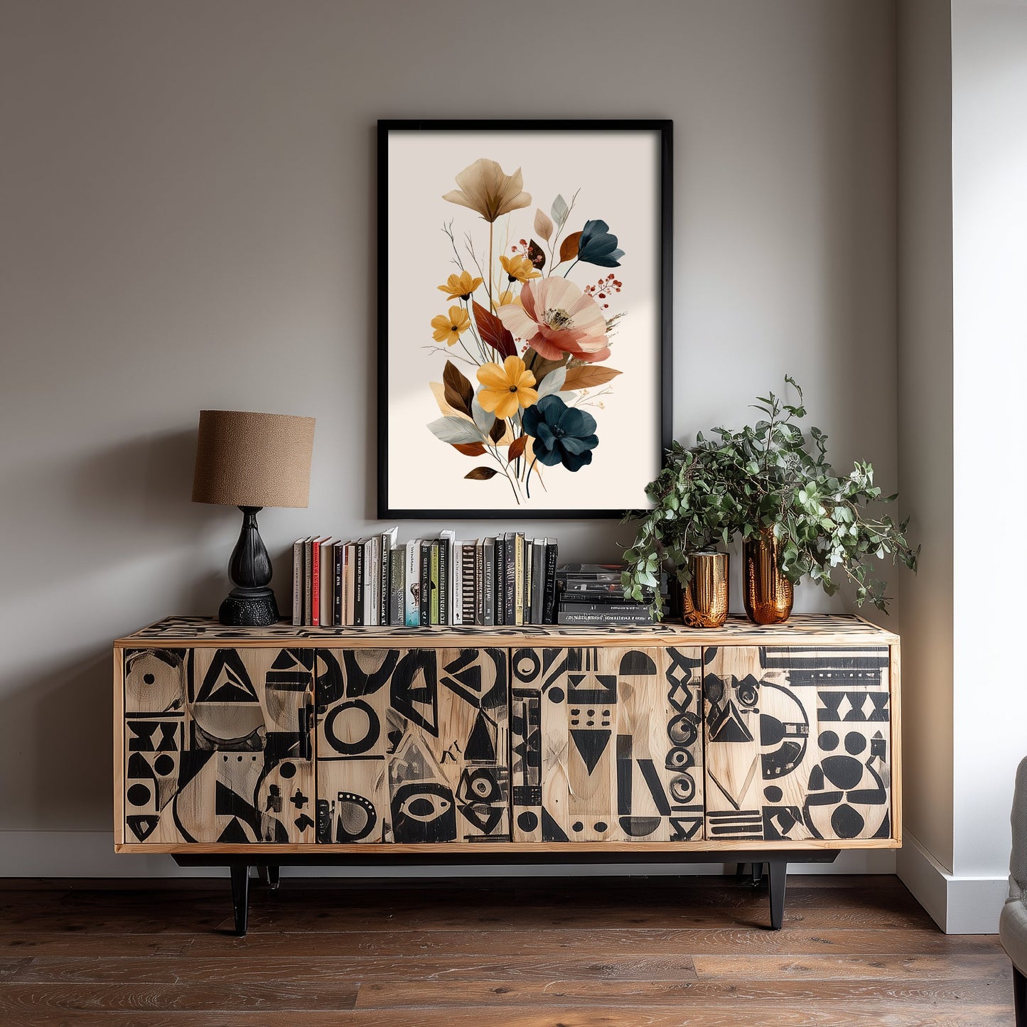 Vintage Wildflower Art Print - Boho Floral Bouquet Poster - Botanical Illustration - Blush Navy Wall Art V18 3/3