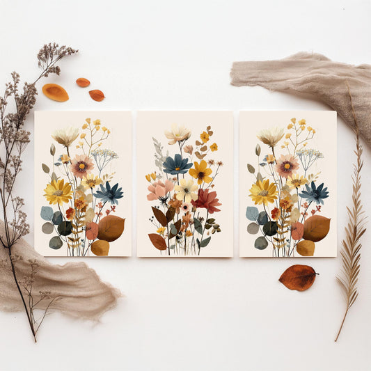 Vintage Wildflower Set of Three Art Prints - Autumn Botanical Illustration - Floral Poster Wall Art Gift Cottage Decor V18