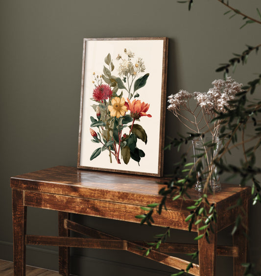 Vintage Botanical Art Print - Antique Flower Bouquet Poster - Floral Illustration - Red Floral Wall Art V19 2/3