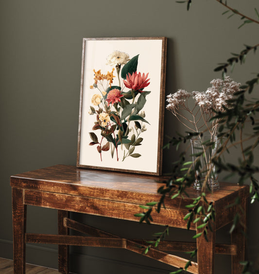 Vintage Botanical Art Print - Antique Flower Bouquet Poster - Floral Illustration - Cream Floral Wall Art V19 3/3