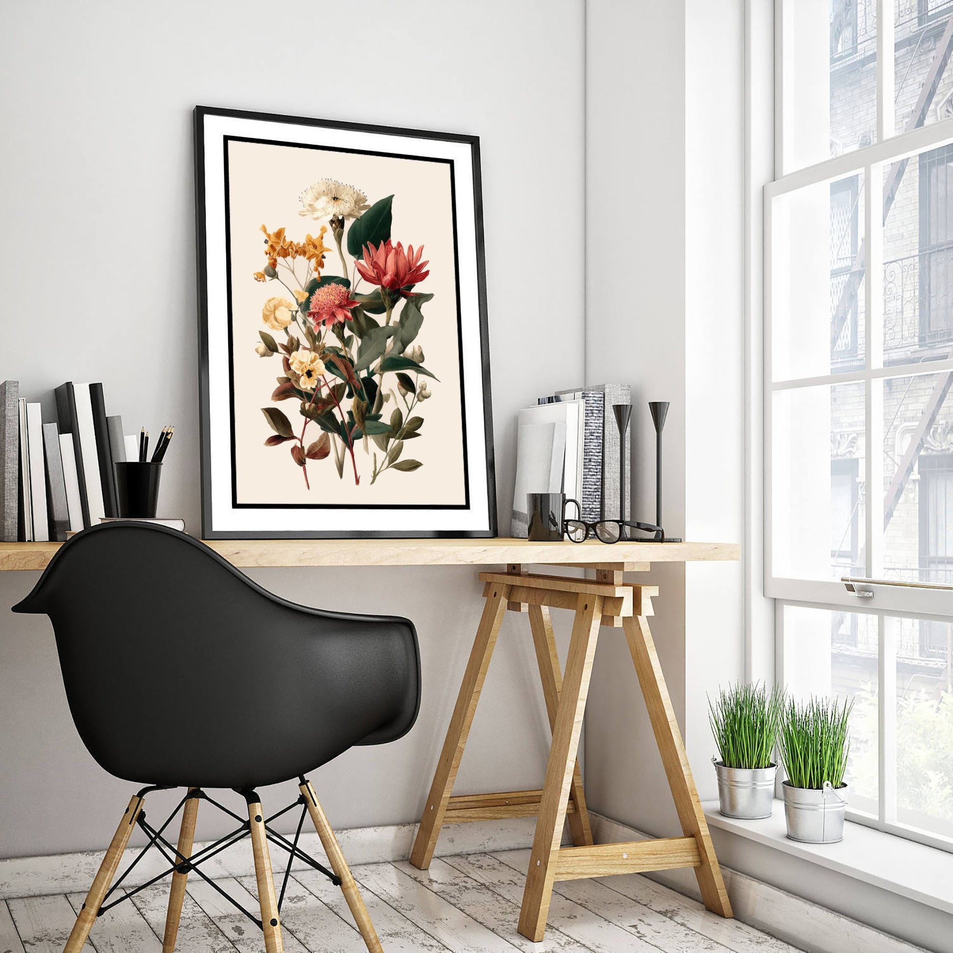 Vintage Botanical Art Print - Antique Flower Bouquet Poster - Floral Illustration - Cream Floral Wall Art V19 3/3